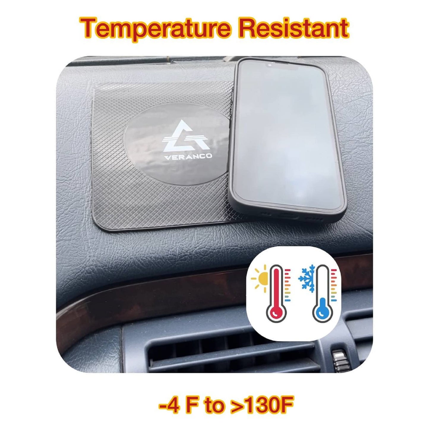A VERANCO Car Dashboard Mat, 5.5x6.3 inches, PU Gel Material, Black, Universal Fit, Multifunction Anti-Slip Mat for Phone Holder, Radar Detector