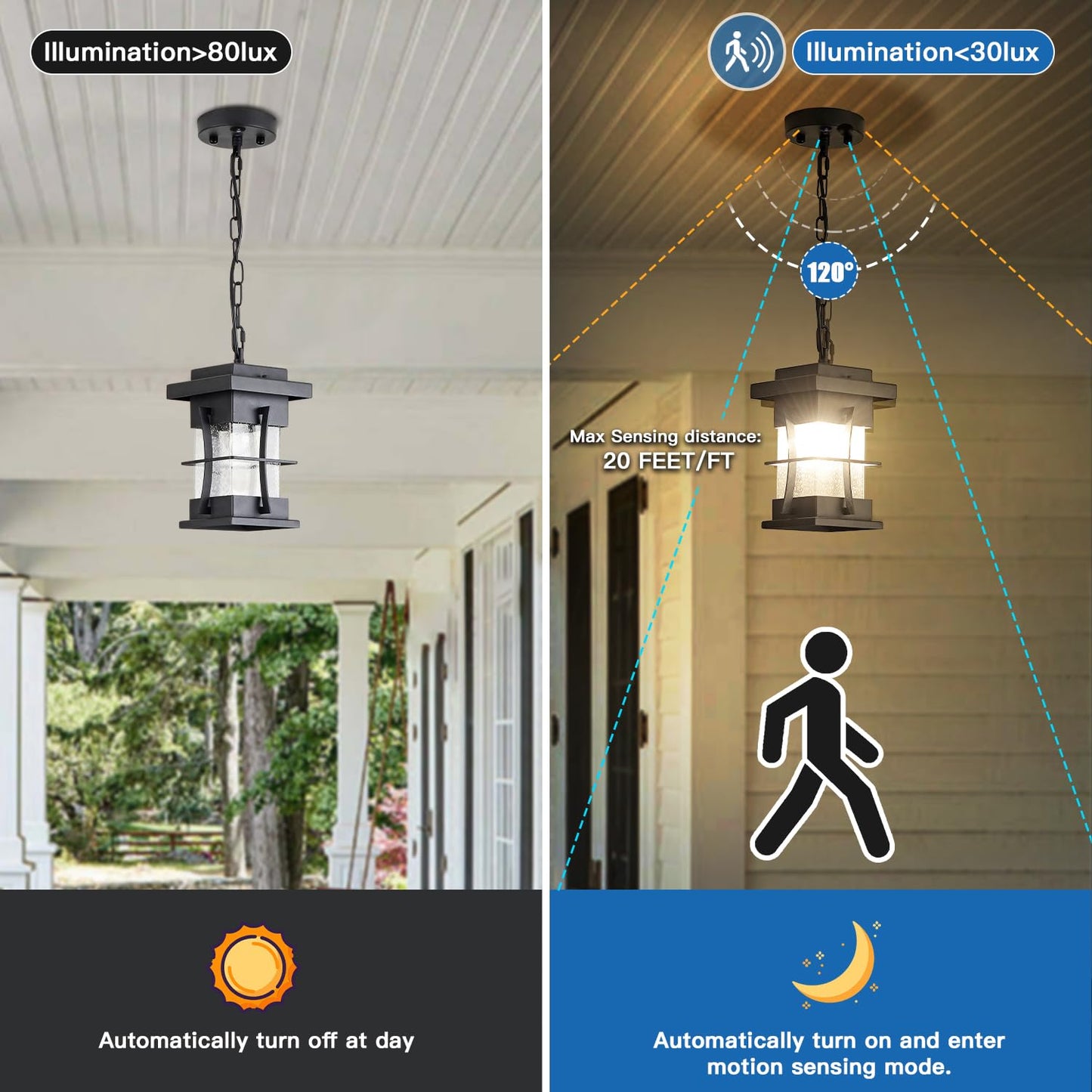 EERU Motion Outdoor Pendant Light Fixture with Dusk to Dawn Sensor Exterior Hanging Lantern with Adjustable Chain Black with Seeded Glass Outside