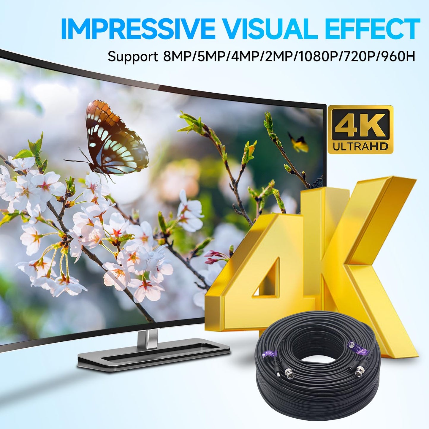 Anlink 300Ft (91 Meters) 4K 8MP 5MP 2MP 1080P BNC Video and Power Cable, Mini RG59 Wire for CCTV Security Camera Systems, with BNC Connector, RCA