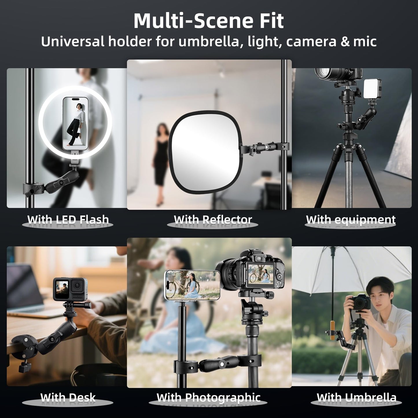 BRDRC Double Clamp Mount Umbrella Holder Camera Pole Bracket for Stroller Wheelchair Monitor Magic Socket Arm Desk Photo Studio Light Stand