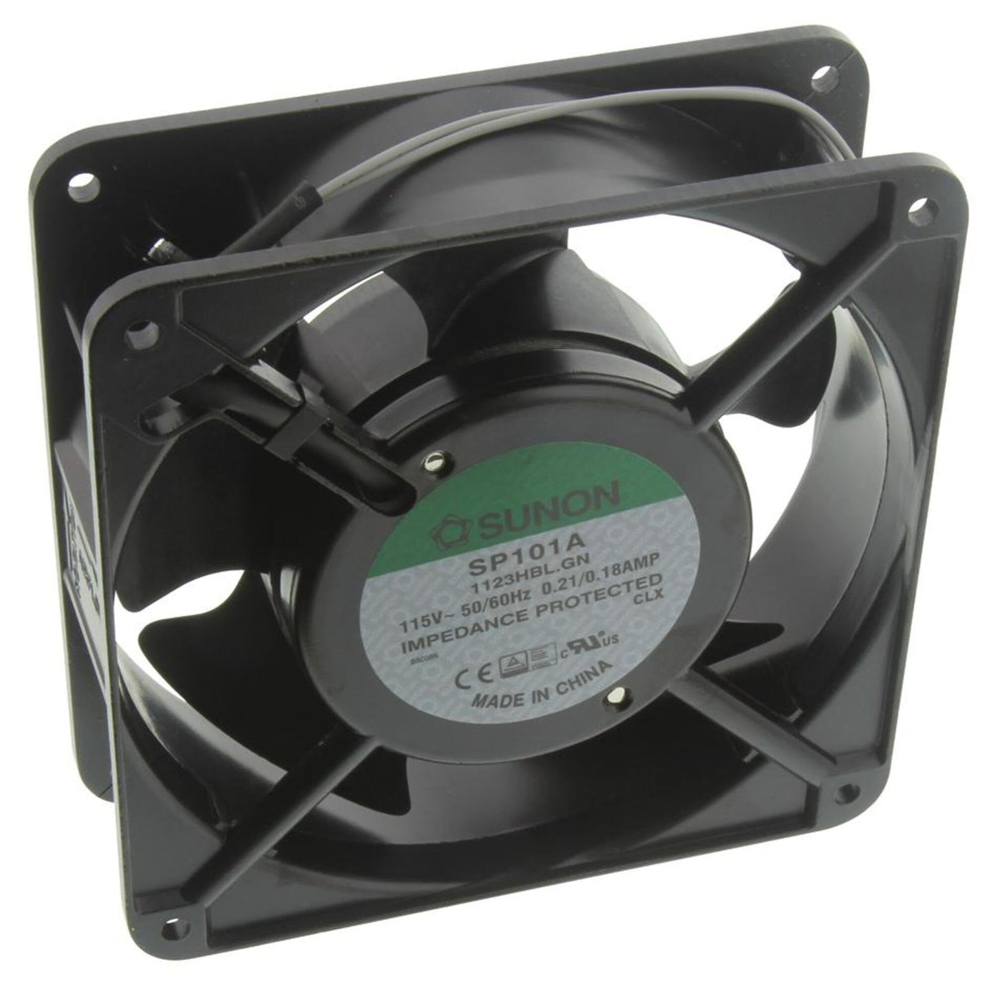 SUNON SP101A-1123HBL-GN AC Fan Ball Flange Mount, 115V, 0.21A-0.18A, 20W-18W, 50 Hz-60 Hz, 2750 rpm-3050 RPM, 120 mm L x 120 mm W x 38 mm H