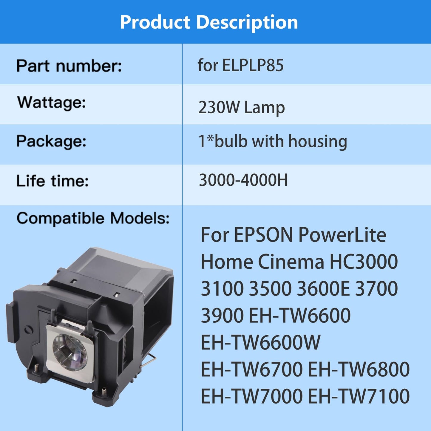 LBTbate Projector Lamp ELP85 for Epson Projector Bulb Replacement V13H010L85 / V13H010L85 Powerlite 3000 3100 3200 3500 3600e 3700 3800 3900 EH-TW6700