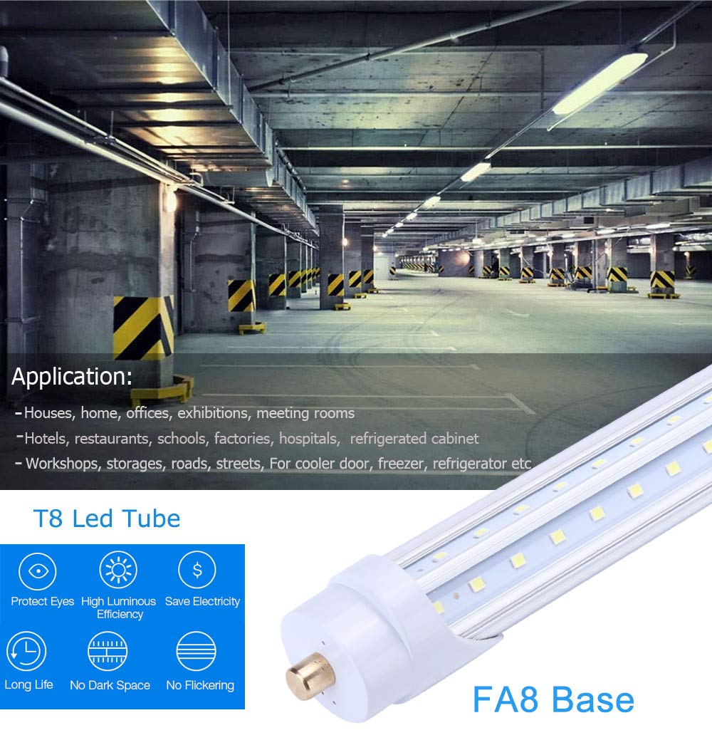 8 foot led tube light bulb,T8 Single Pin FA8 Base Double Side V Shape Chip 270 Degree Lighting,6000k Clear Cove(4-Pack)