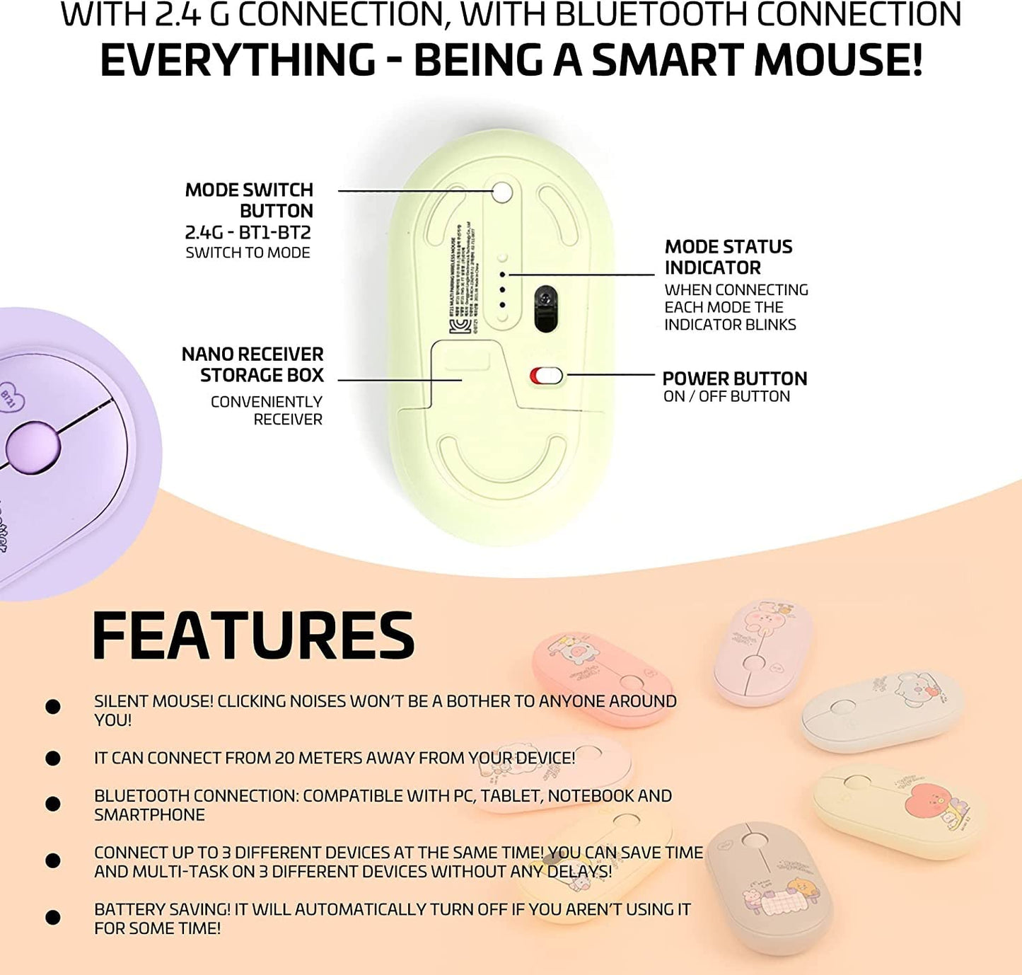 ROYCHE BTS Inspired Characters Multi Pairing Wireless Mouse, Little Buddy Baby Better Together Edition, All in Their Own Cute Style & Colors (SHOOKY)