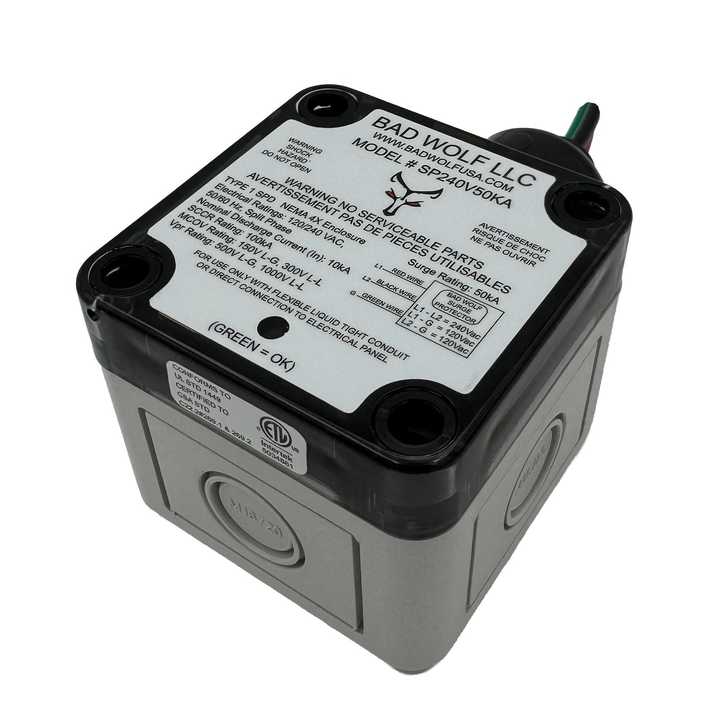 Bad Wolf SP240V50KA Type 1 Whole House Surge Protector 120/240VAC Split Phase (3-Wire L1/L2/G), 50kA/Phase ITMOV, NEMA 4X Waterproof, LED Status, UL