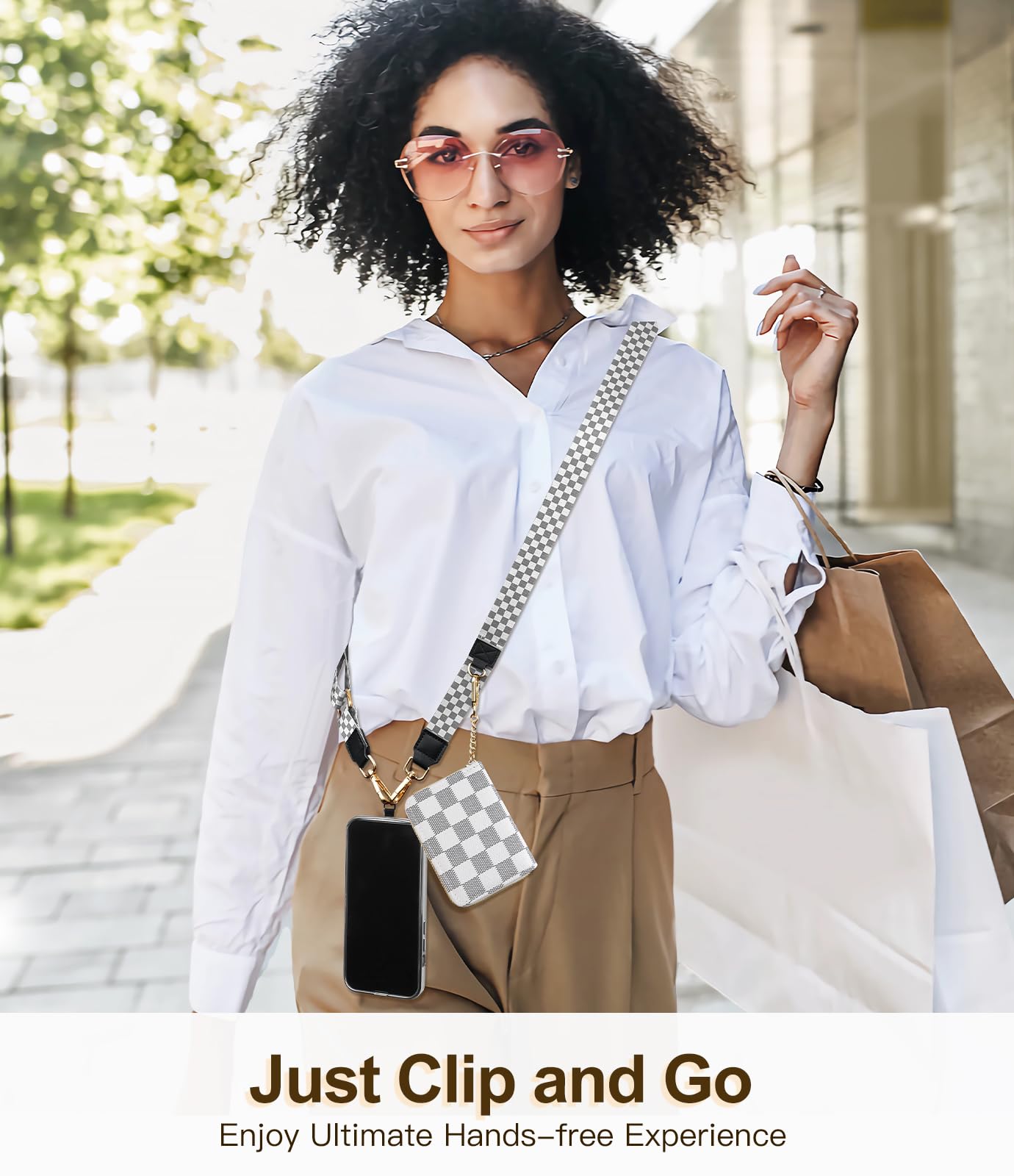 TiMOVO Clip and Go Phone Strap Crossbody with Wallet, Adjustable Anti-Theft Phone Lanyard with Zippered Pouch, White & Gray