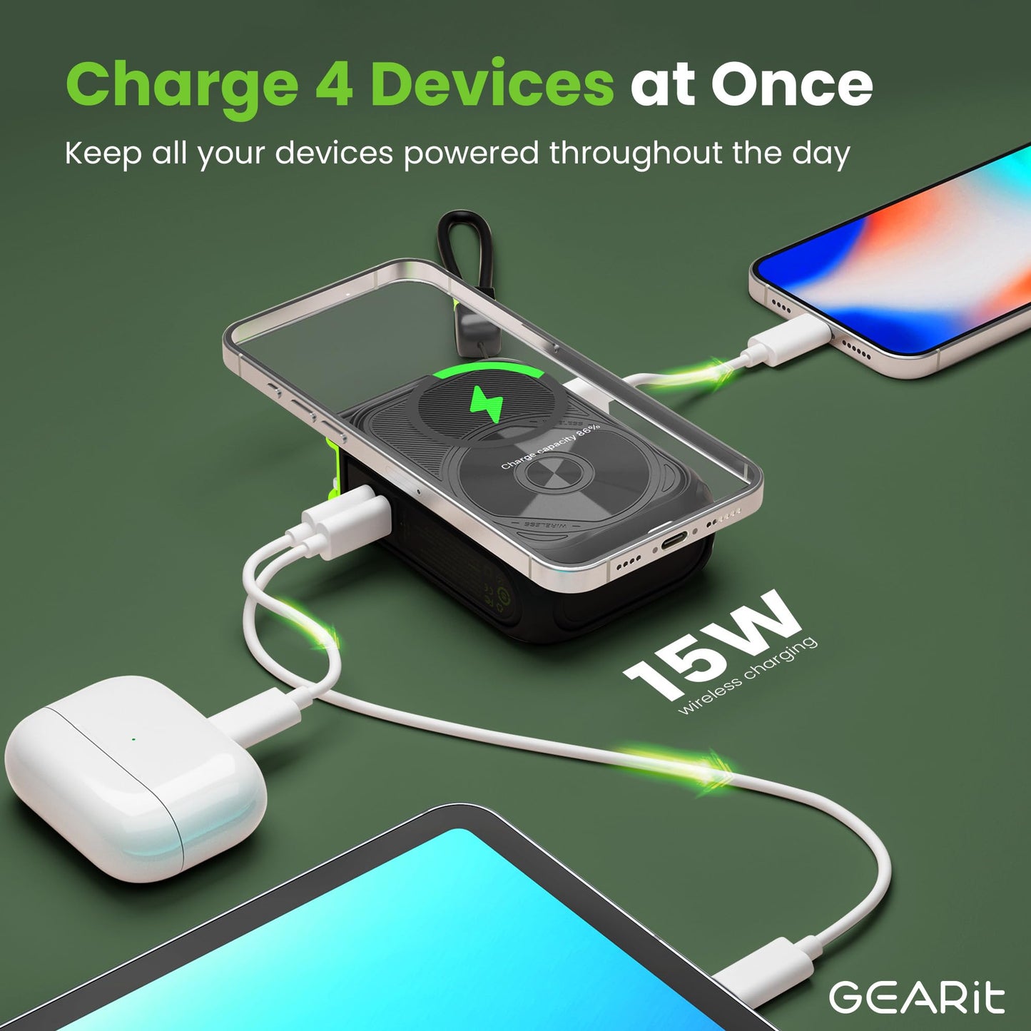 GEARit 3 in 1 10000mAh Magnetic Power Bank - Wireless Battery Pack with USB-C & Lightning Cables Fast Charging Portable Charger Compatible