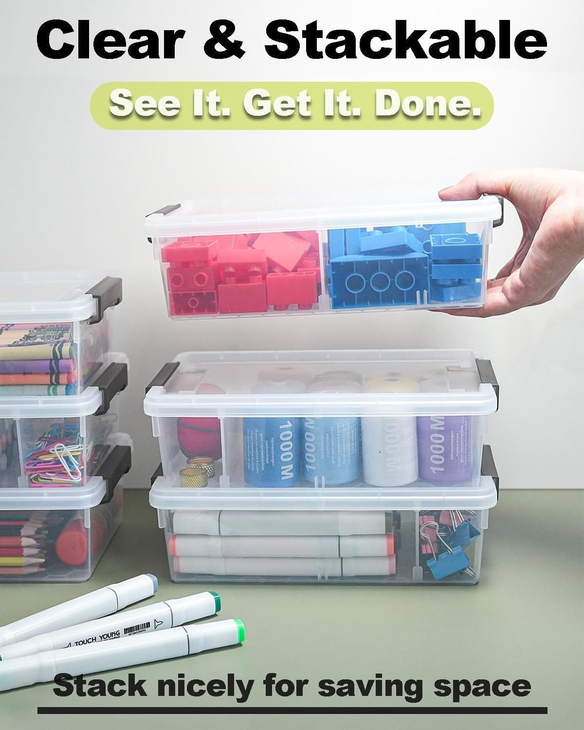 GEOPHIA 6 Pack Extra Large Pencil Box with Removable Divider, Thickened Pencil Case Bulk, Clear Crayon Marker Organizer Stackable Plastic Small