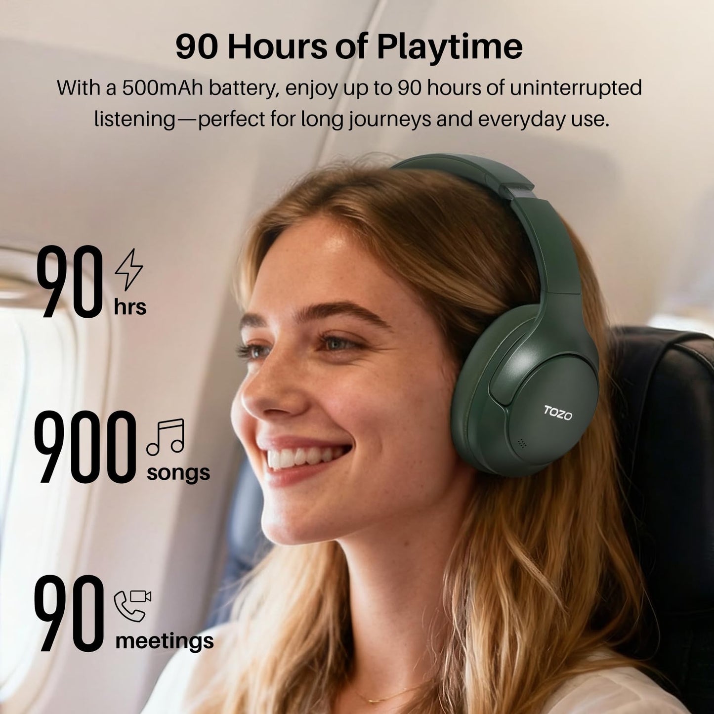 TOZO HT3 Hybrid Noise Cancelling Wireless Headphones, 90H Over Ear Headset