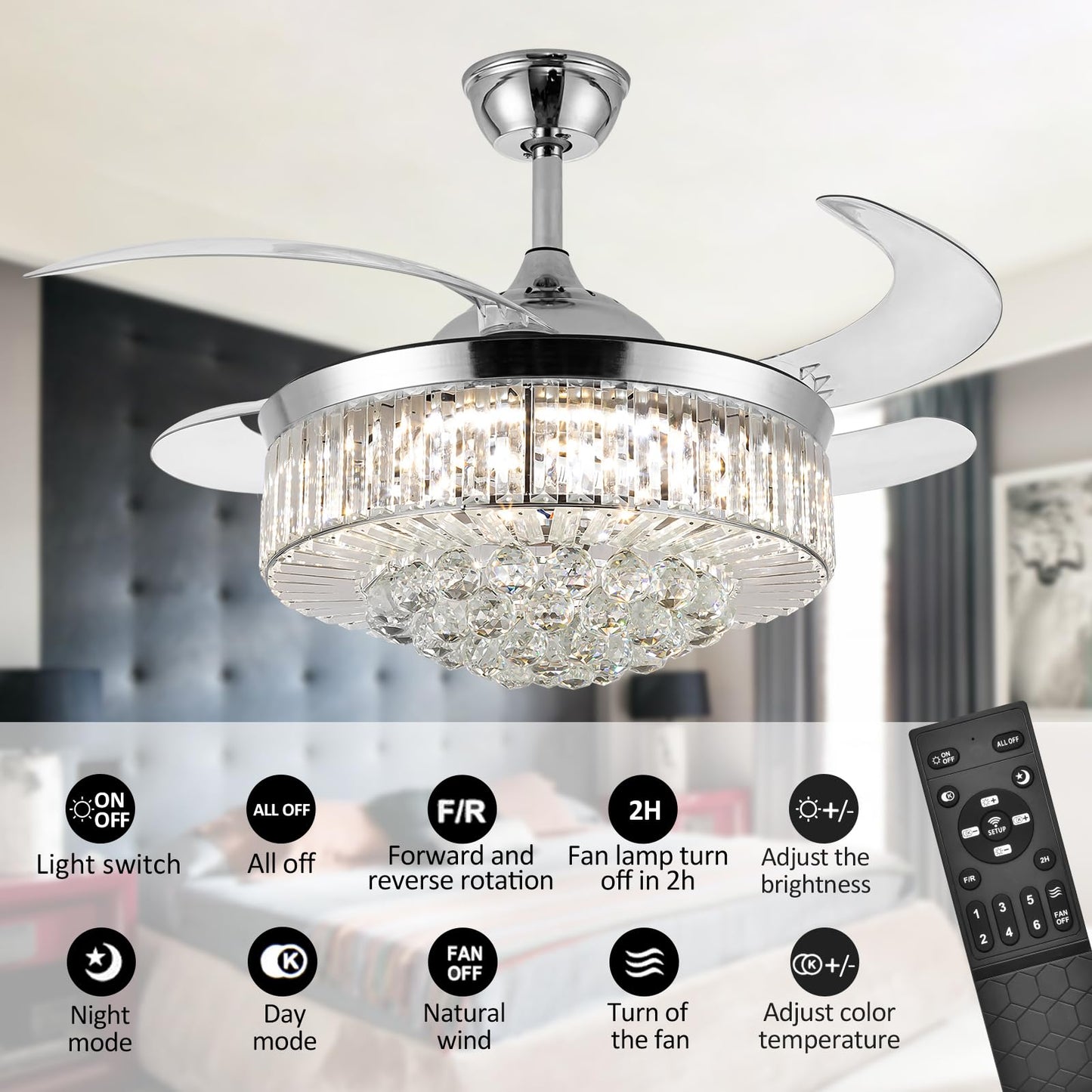 Panghuhu88 36" Invisible Ceiling Fan Chandelier Light,Modern Crystal Ceiling Fan Light Remote Control 4 Retractable ABS Blades for Bedroom Living Room