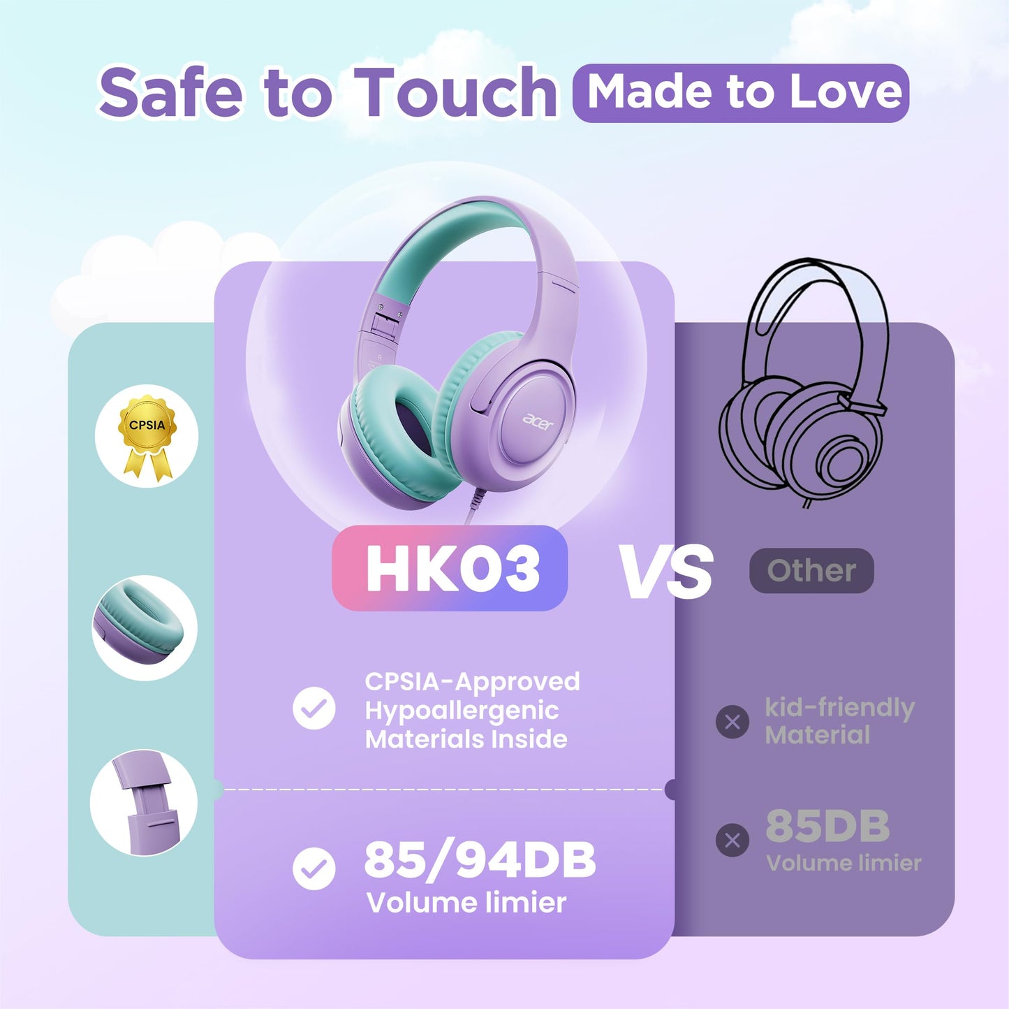 Acer Kids Headphones for School, USB-C-3.5mm Dongle, w/Mic HK03
