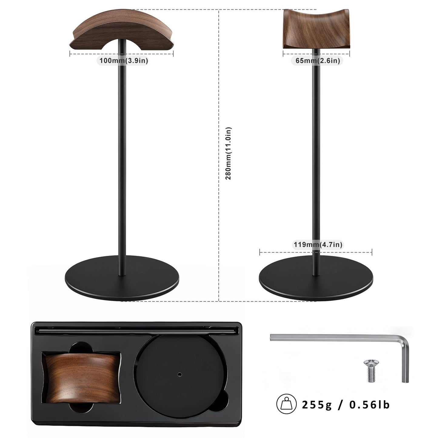 QinCoon Headphone Stand, Walnut Wood & Aluminum Headset Stand, Nature Walnut Gaming Headset Holder with Solid Heavy Base for All Headphone Sizes