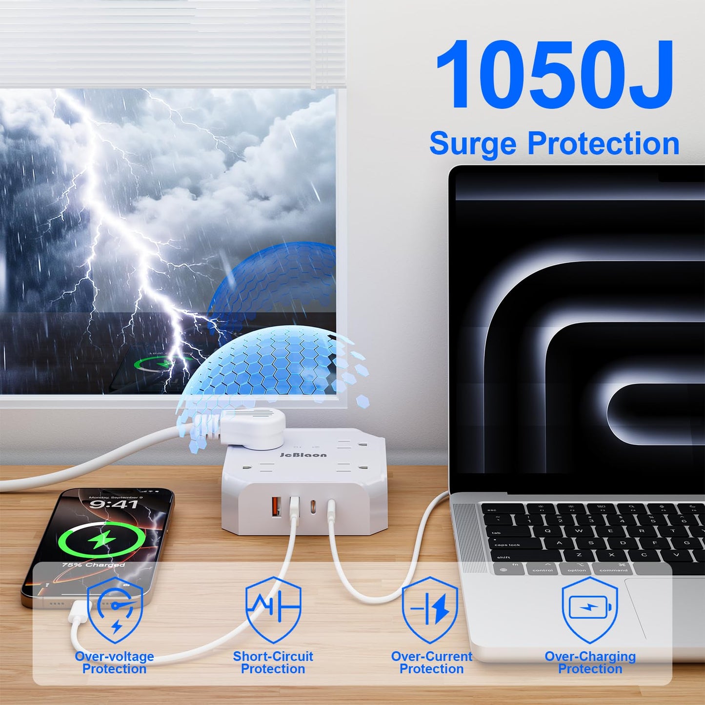 Surge Protector Power Strip, 8 Outlets with 4 USB Ports(2 USB C), 4-Sided 1050J Outlet Extender with 5FT Flat Extension Cord for Travel, Home, School