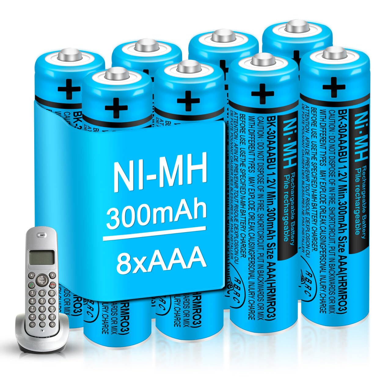 EOCIK BK-30AAABU AAA Rechargeable Battery 8 Pack 300mah NI-MH AAA Batteries 1.2V for Panasonic Cordless Phones,Remote Controls,Electronics