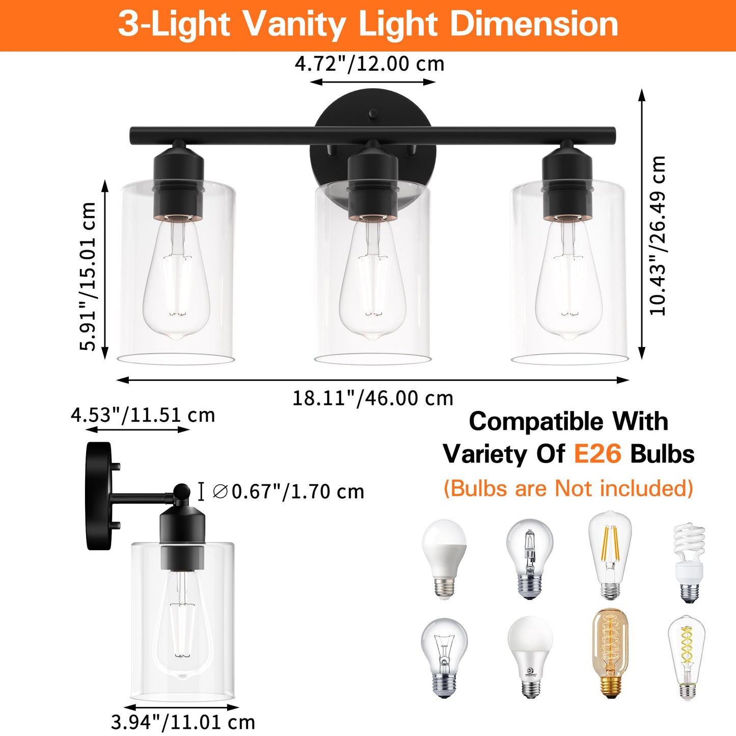 Espird Bathroom Vanity Light Fixtures Matte Black Bathroom Lighting Fixture, 3 Lights Bathroom Light Fixture Over Mirror, Modern Black Vanity Light