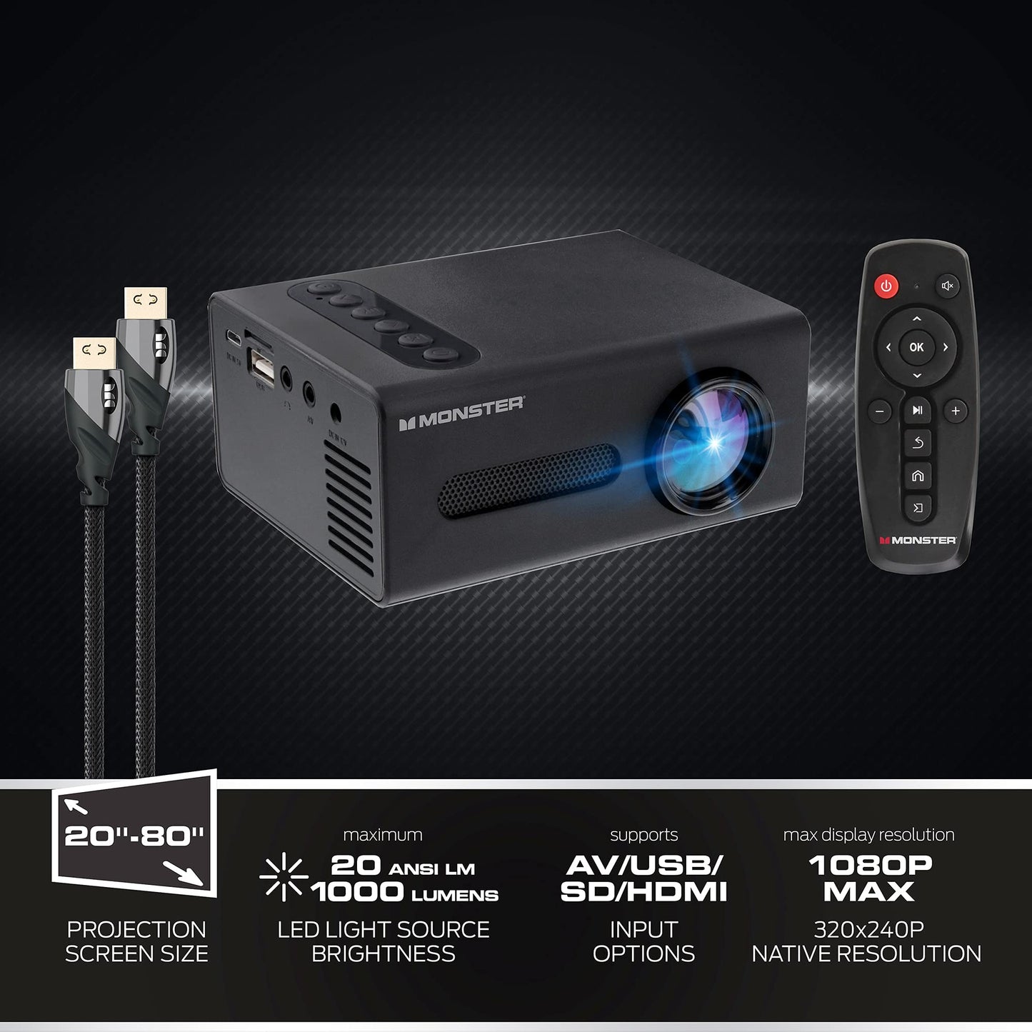 Monster Image Mini Small Format LCD Projector 1920x1080 HD Quality, Project Up To 8 Feet Away, Works On Projection Screens Ranging from 20-80 Inches.