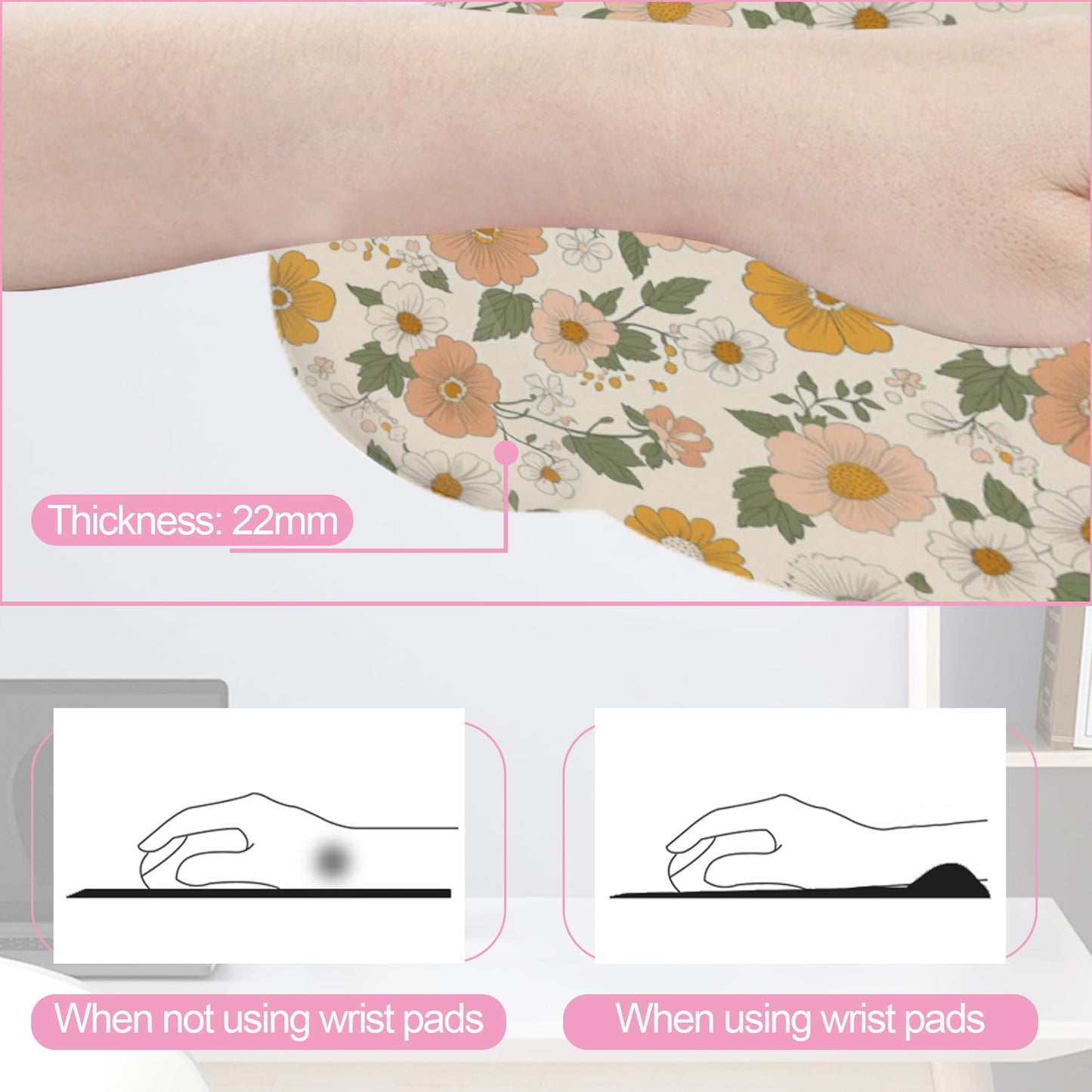 Retro Boho Groovy Flower Mouse Pad with Wrist Rest and Keyboard Wrist Rest Set, Non-Slip Rubber Base Memory Foam Mouse Pad Set for Women, Office Desk