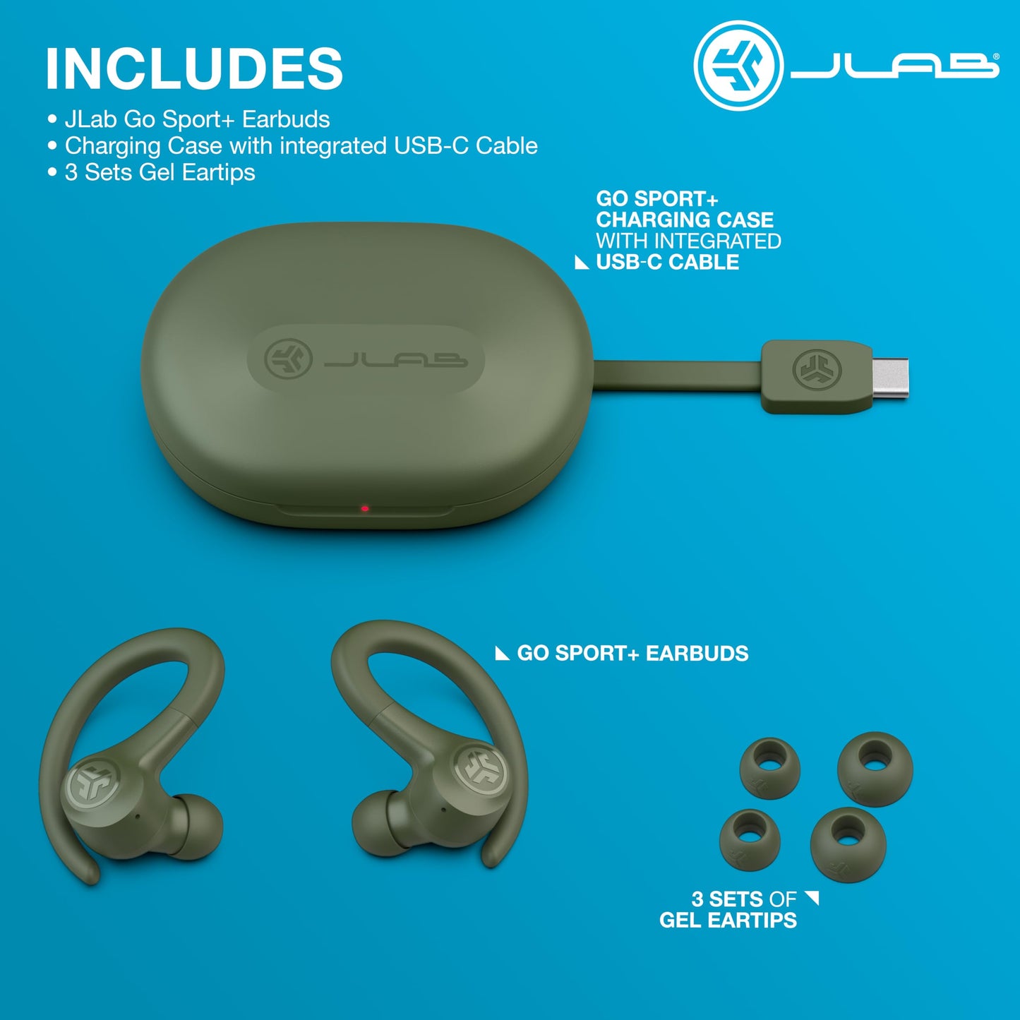 JLab, Go Sport+, True Wireless Workout Earbuds, Bluetooth Sport Earbuds, Clear Calling, Green