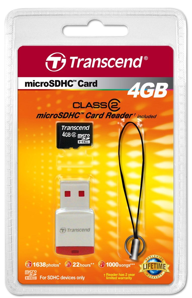 Transcend 4 GB microSDHC Class 2 Flash Memory Card with USB Card Reader TS4GUSDHC2-P3 (Black)