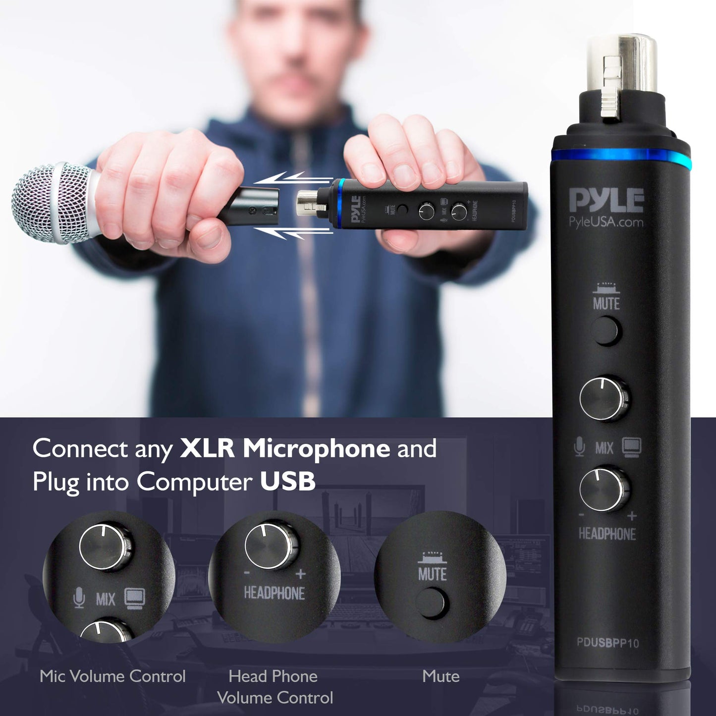 Pyle Microphone XLR-to-USB Signal Adapter - Universal Plug and Play XLR Mic to PC Adaptor for Digital Recording w/ Mix Audio Control, +48V Phantom