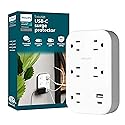Philips EZFit 5-Outlet Extender Wall Tap with Surge Protection, Grounded Adapter, Charging Station, 3 Prong, 1 USB-A, 1 USB-C, 900J, White