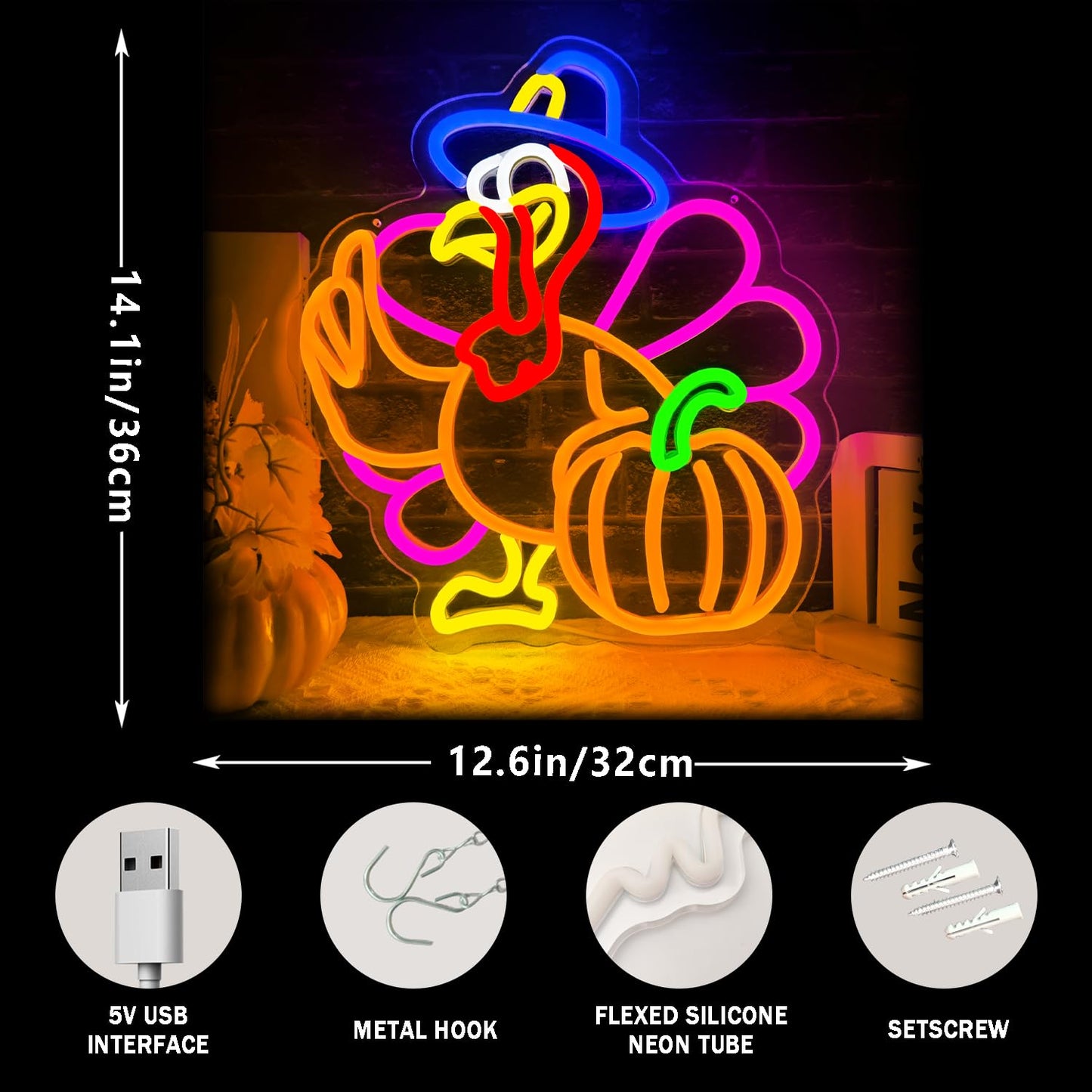 Pumpkin Turkey Neon Sign Dimmable Thanksgiving LED Neon Light Pumpkin Glowing Sign USB Powered Wall Hanging Decoration for Fall Neon Sign Thanksgiving