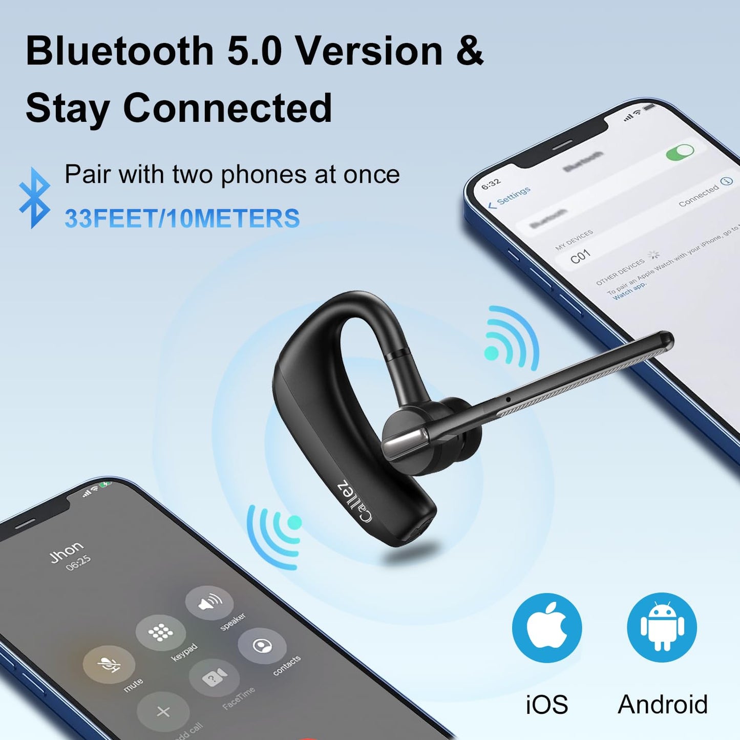 Callez Bluetooth Headset V5.0, Bluetooth Earpiece with CVC8.0 Dual Mic Noise Cancelling Wireless Headset for iPhone Android Cell Phone Trucker