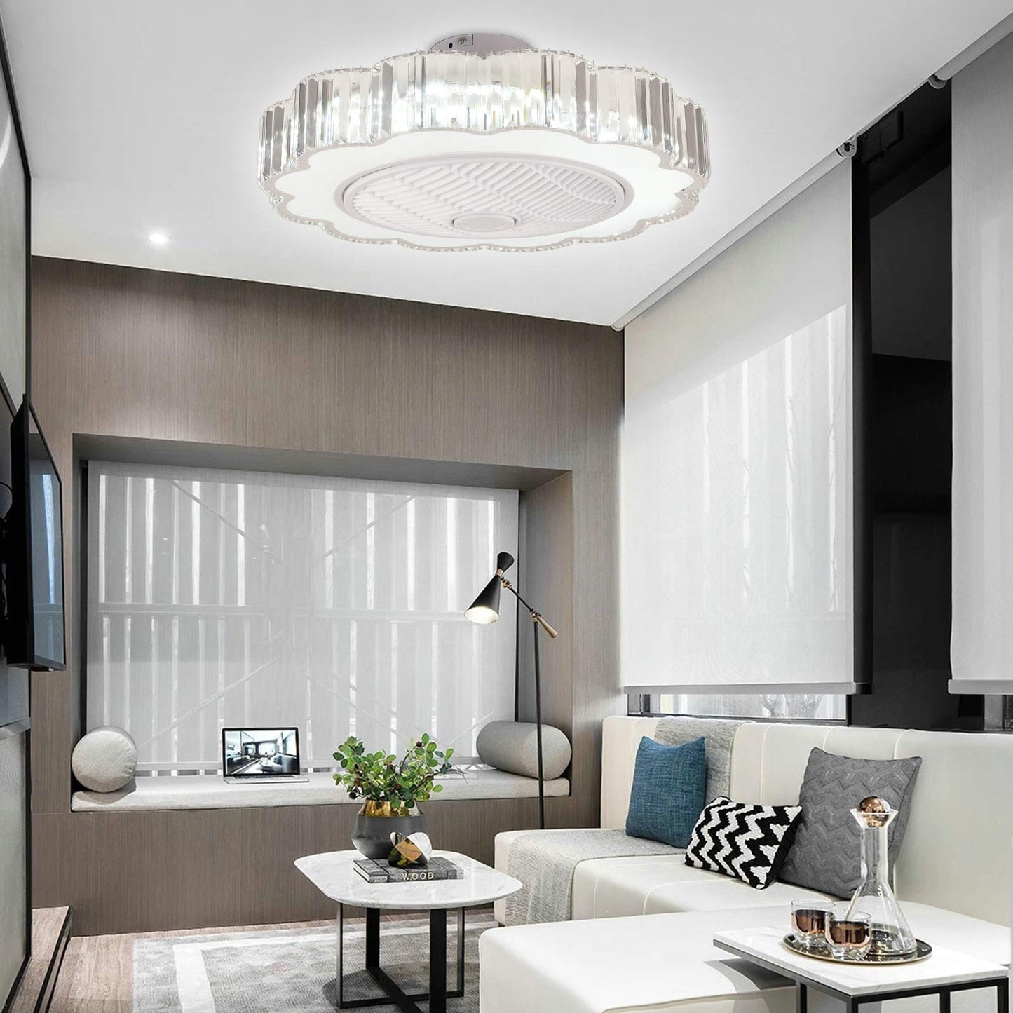 LOYALHEARTDY Crystal Chandelier Fan, 23-in Modern LED Ceiling Fan Light with Remote Control, 3 Color Changeable & 3 Speed & Convenient Timing, Safe