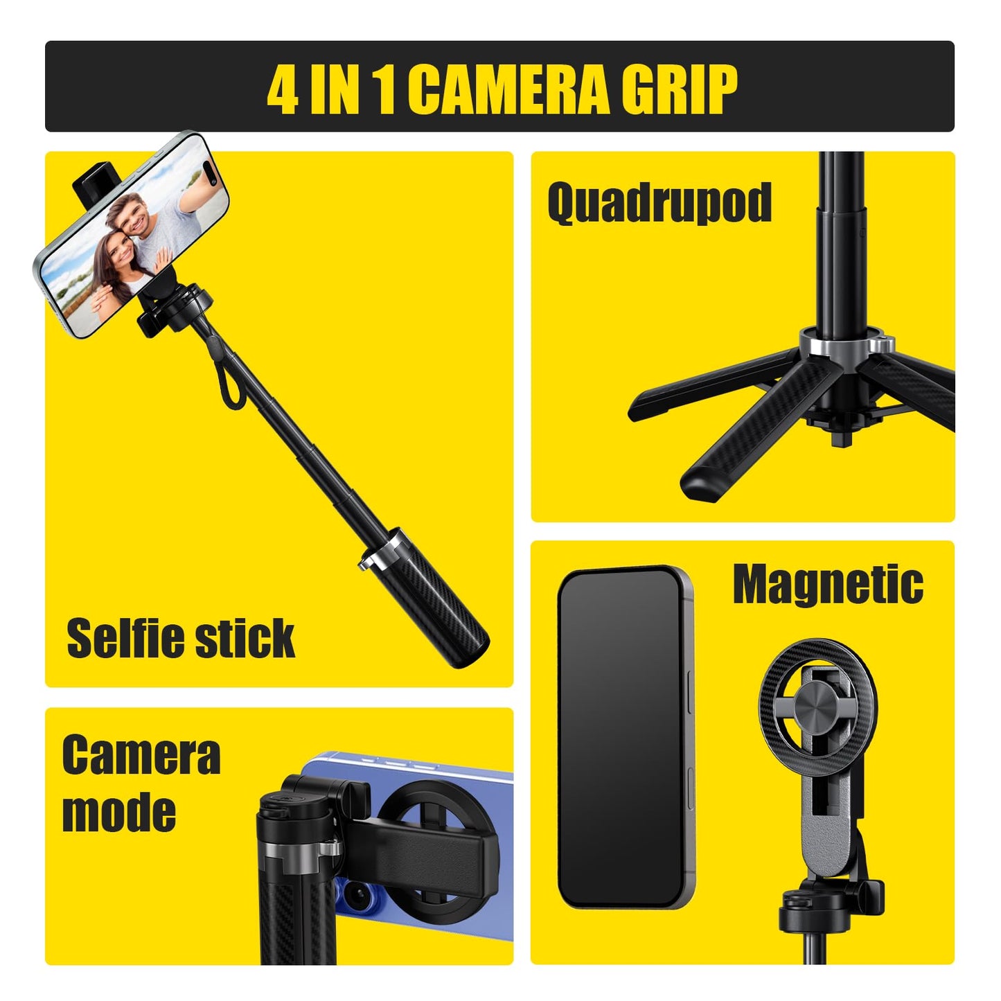 4-in-1 Magnetic Selfie Stick Tripod - 360° Rotation, Bluetooth Remote, Compact Travel Vlog Phone Holder for iPhone
