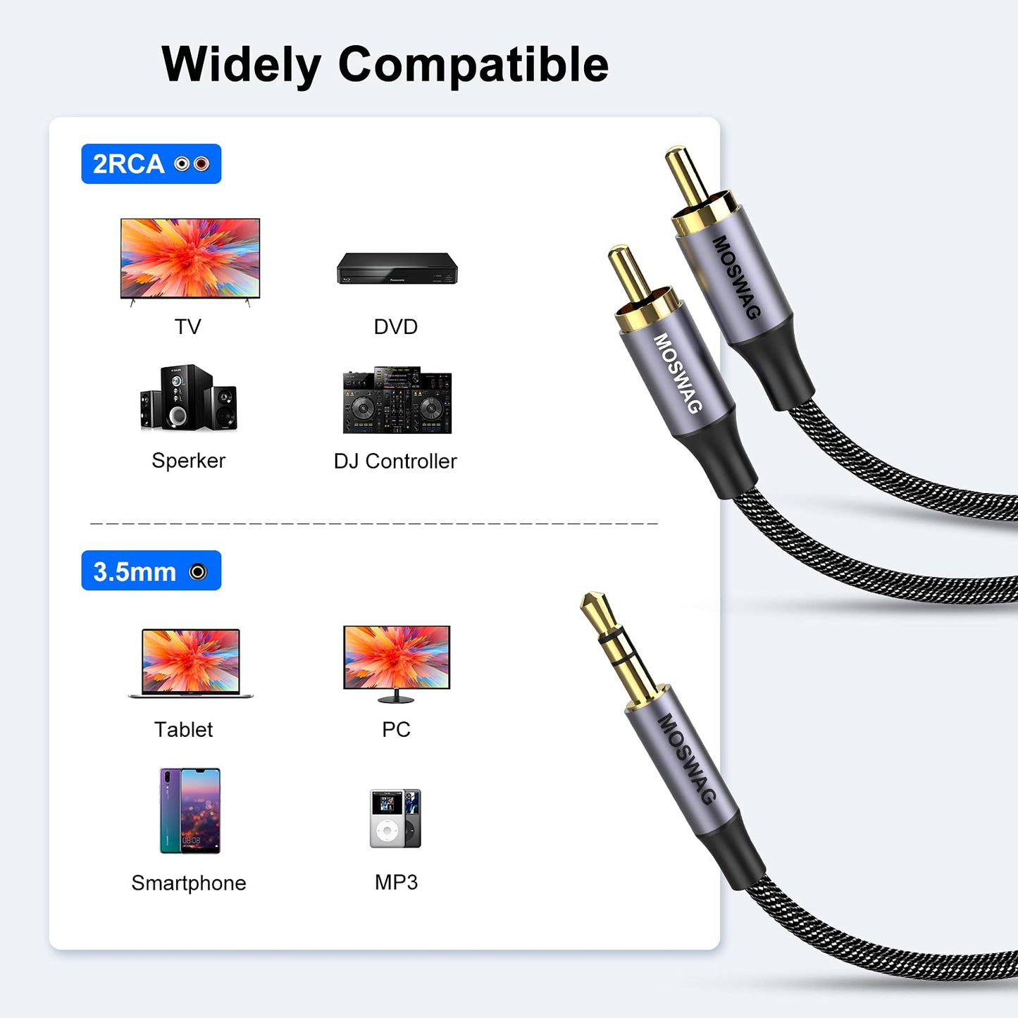 MOSWAG 1/8 to 2RCA Male Cable Audio Adapter 6.6ft/2M RCA Auxiliary Hi-Fi Sound Shielded Stereo Flexible RCA Y Splitter Cable Cord Metal Shell