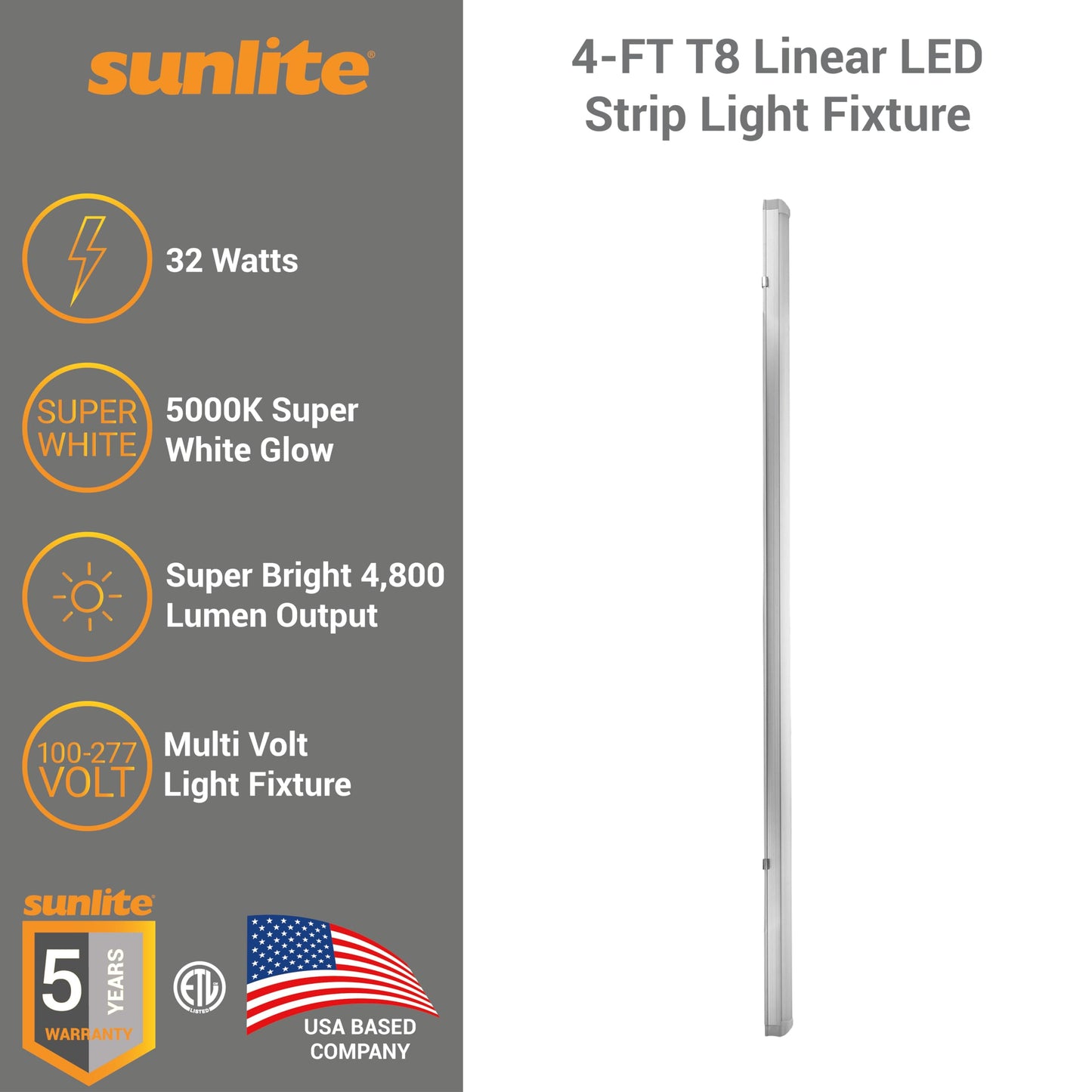 Sunlite 4FT T8 Integrated Linkable Linear LED Strip Light Fixture, 32 Watts, 4800 Lumens, 100-277V, 5000K Daylight, 120 Degree Beam Angle, ETL Listed