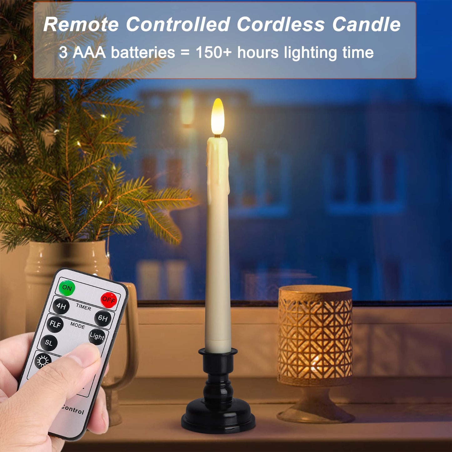 yunsheng Battery Operated LED Window Candles with Remote Timer, 8 Inches Ivory Flameless Taper Flickering Candles, Removable Black Candlesticks