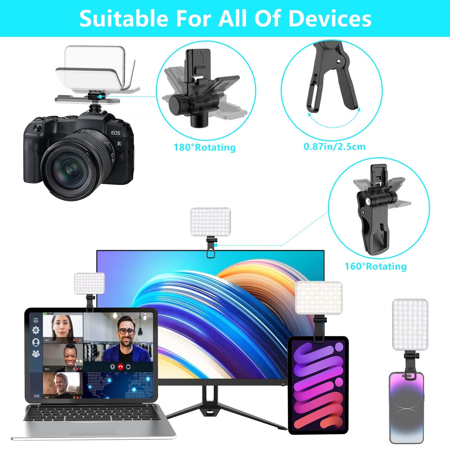 Anautin 60 LED 2200mAh Rechargeable Selfie Light, 7 Modes, 10-Level Brightness, Portable Clip on Light for Phone/Tablet/Laptop, Zoom Call Vlog Makeup