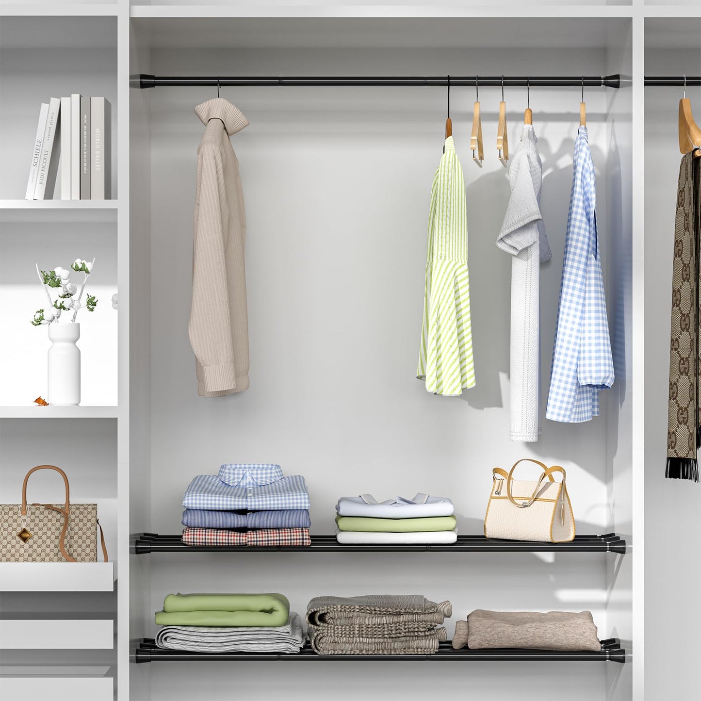 Black Spring Tension Curtain Rod, 28-52 in Adjustable No-Drill Rod, 7/8" Diameter, Heavy Duty Anti-Slip for Shower, Windows, Kitchen & Closet