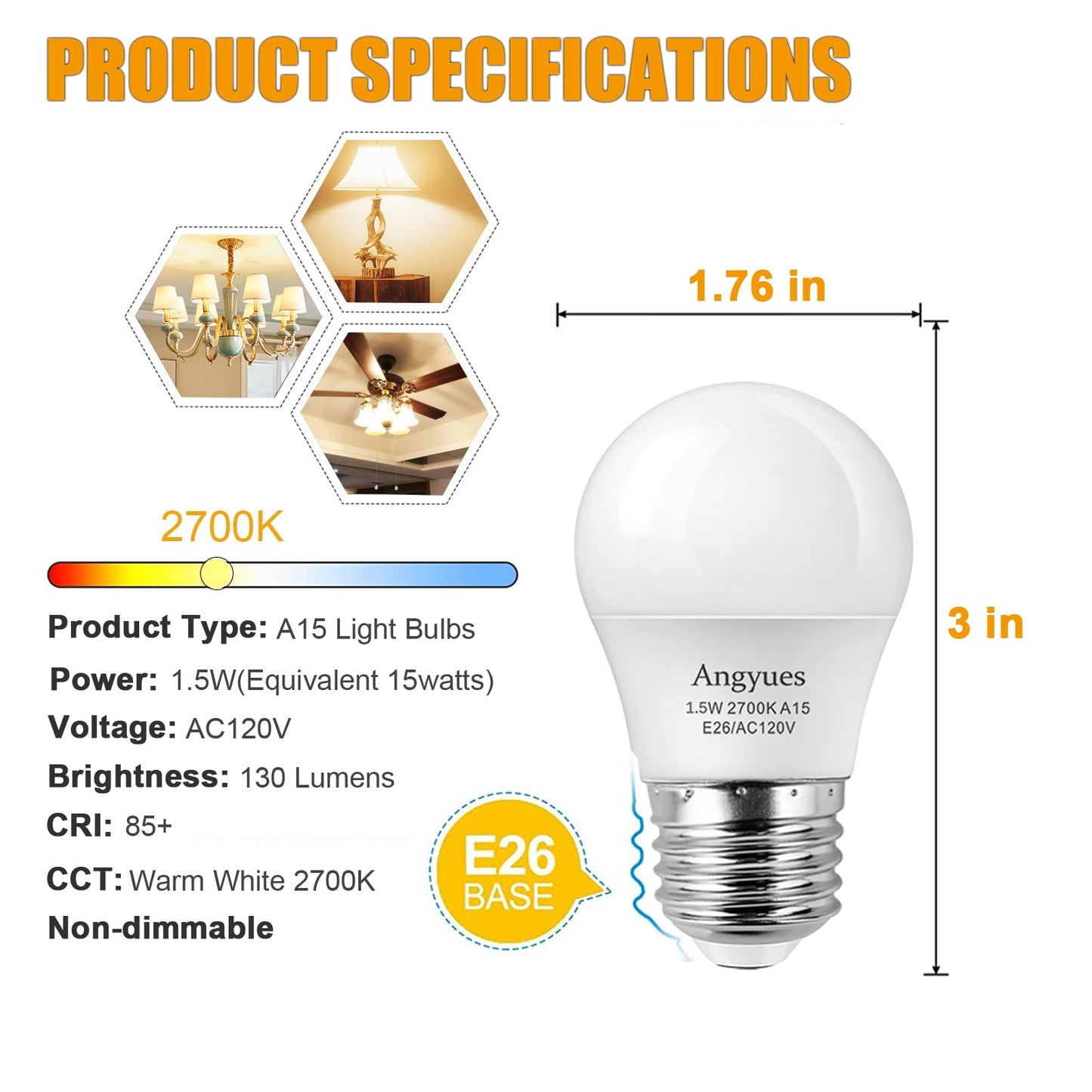 Angyues 15W Light Bulb Equivalent, A15 15 Watt Light Bulbs 2700K Soft White 120V E26 1.5W LED Bulb,Low Watt Light Bulbs Table Lamp Bulb for Bedroom 12