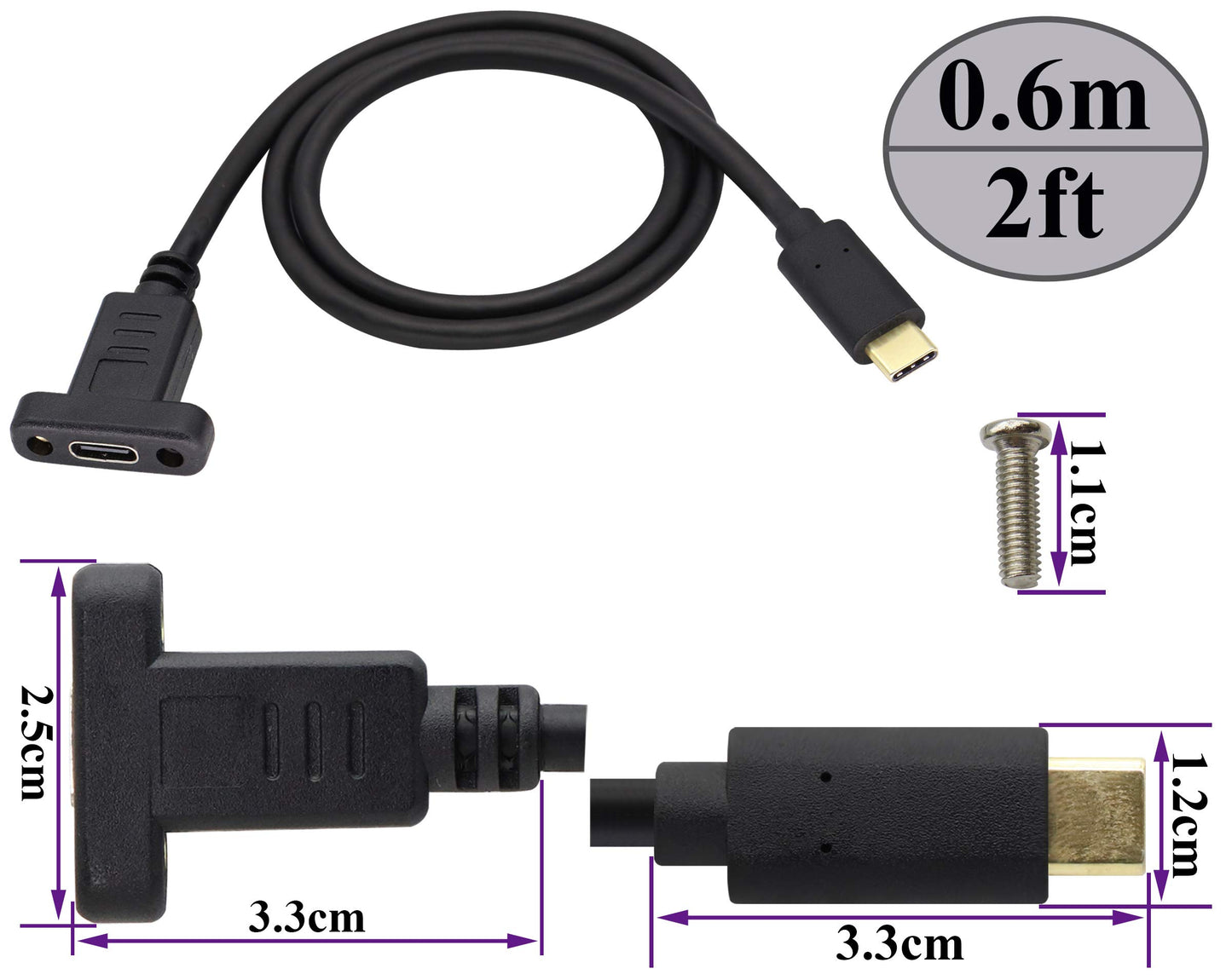 AAOTOKK Panel Mount Type C USB Extension Cable 4K&60hz 10Gbps USB 3.1Type C Male to Female Screw Panel Mount Cable,Supports Fast Charging,4K HD