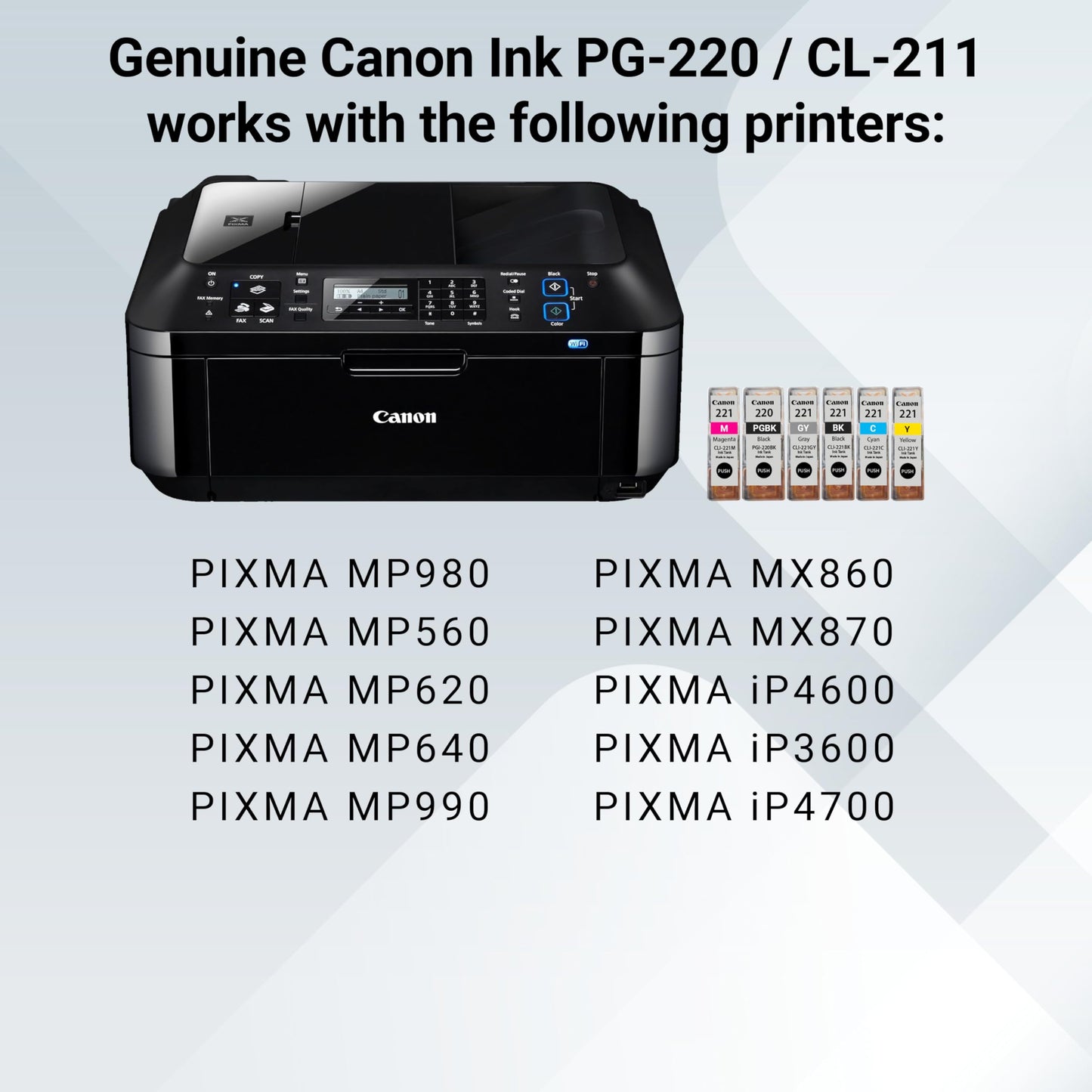 Canon PG-220/CL-221 Genuine Combo Pack with 50 Photo Paper Sheets, Compatible with MP980, MP560, MP620, MP640, MP990, MX860, MX870, iP4600, iP3600