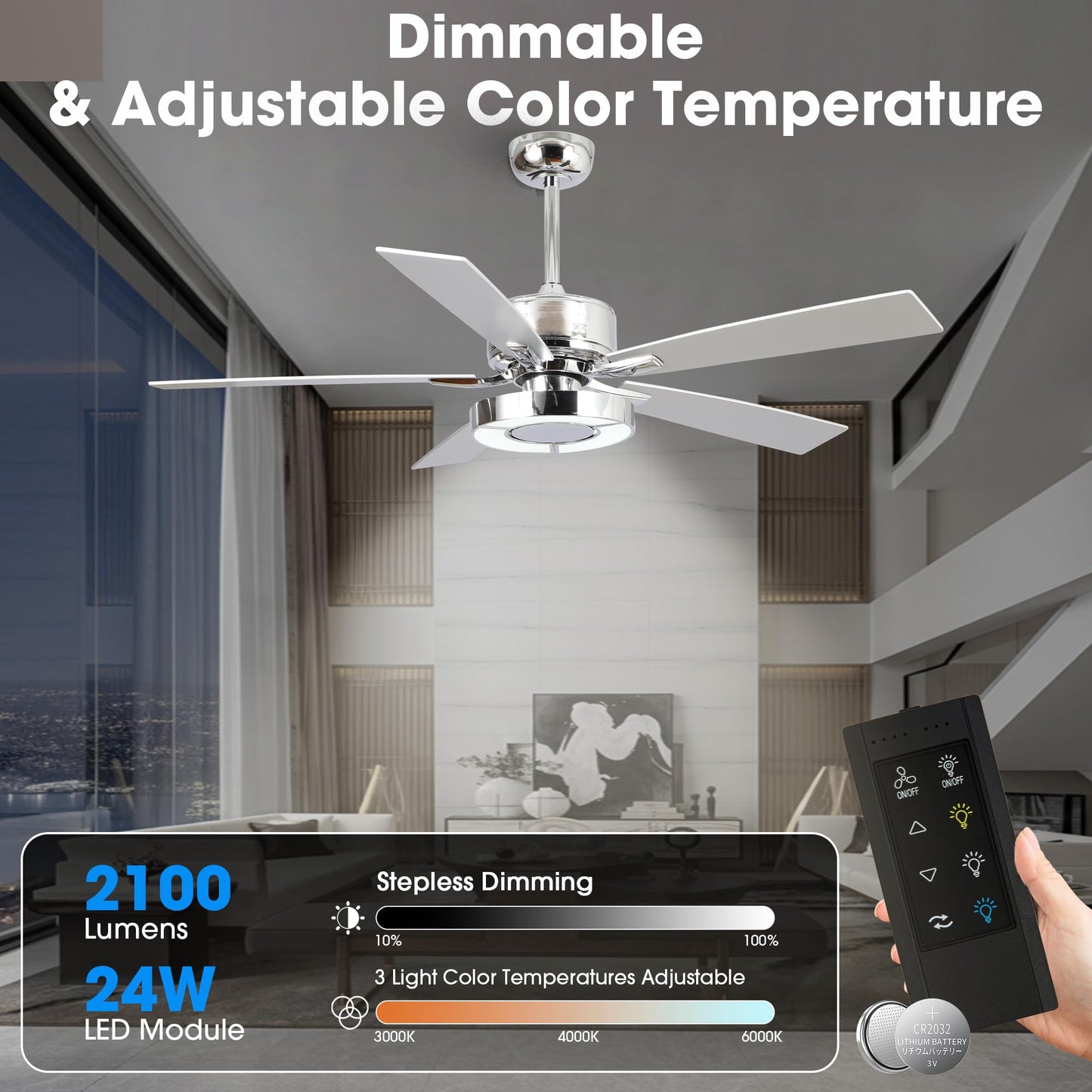 52 Inch Ceiling Fan with Lights and Remote Bedroom LED Ceiling Fan DC Motor