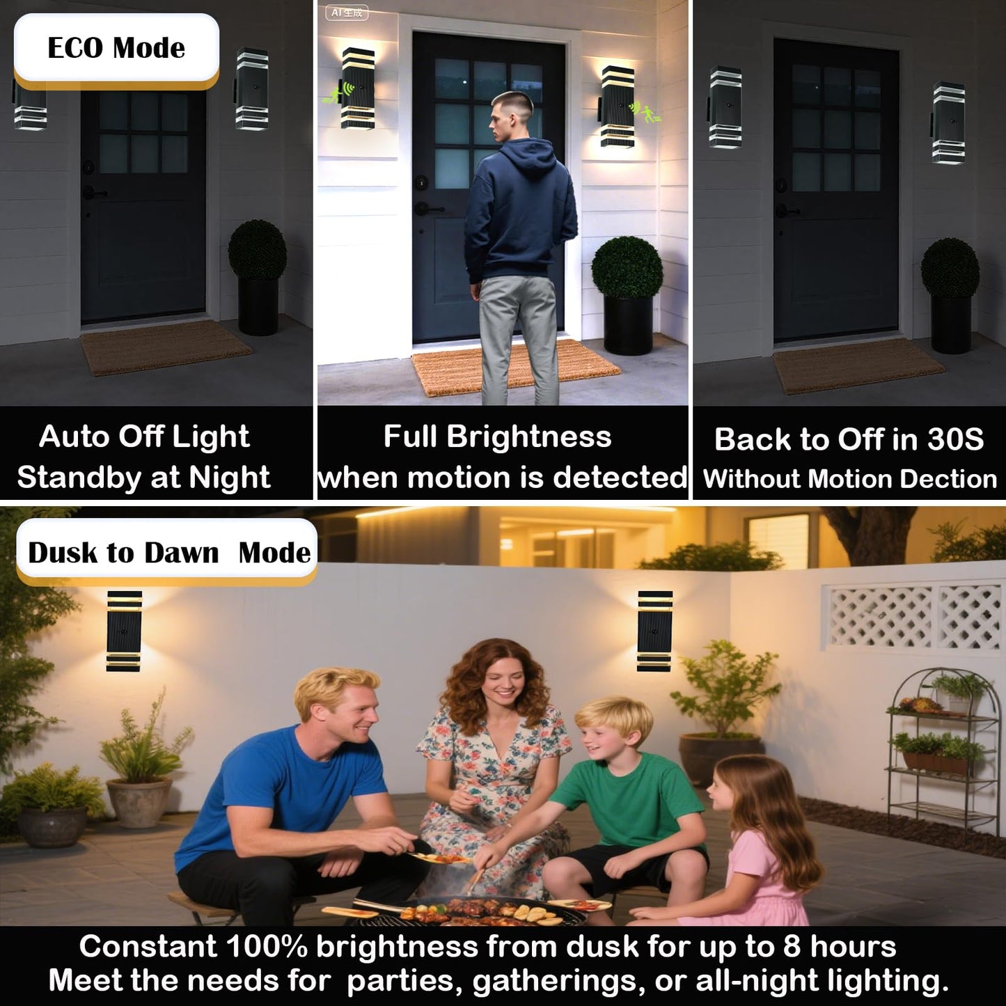 iYogaled Motion Sensor Outdoor Wall Lights with 3 Lighting Modes, Dusk to Dawn Porch Light with Bulbs Include, IP65 Waterproof Modern Black Wall