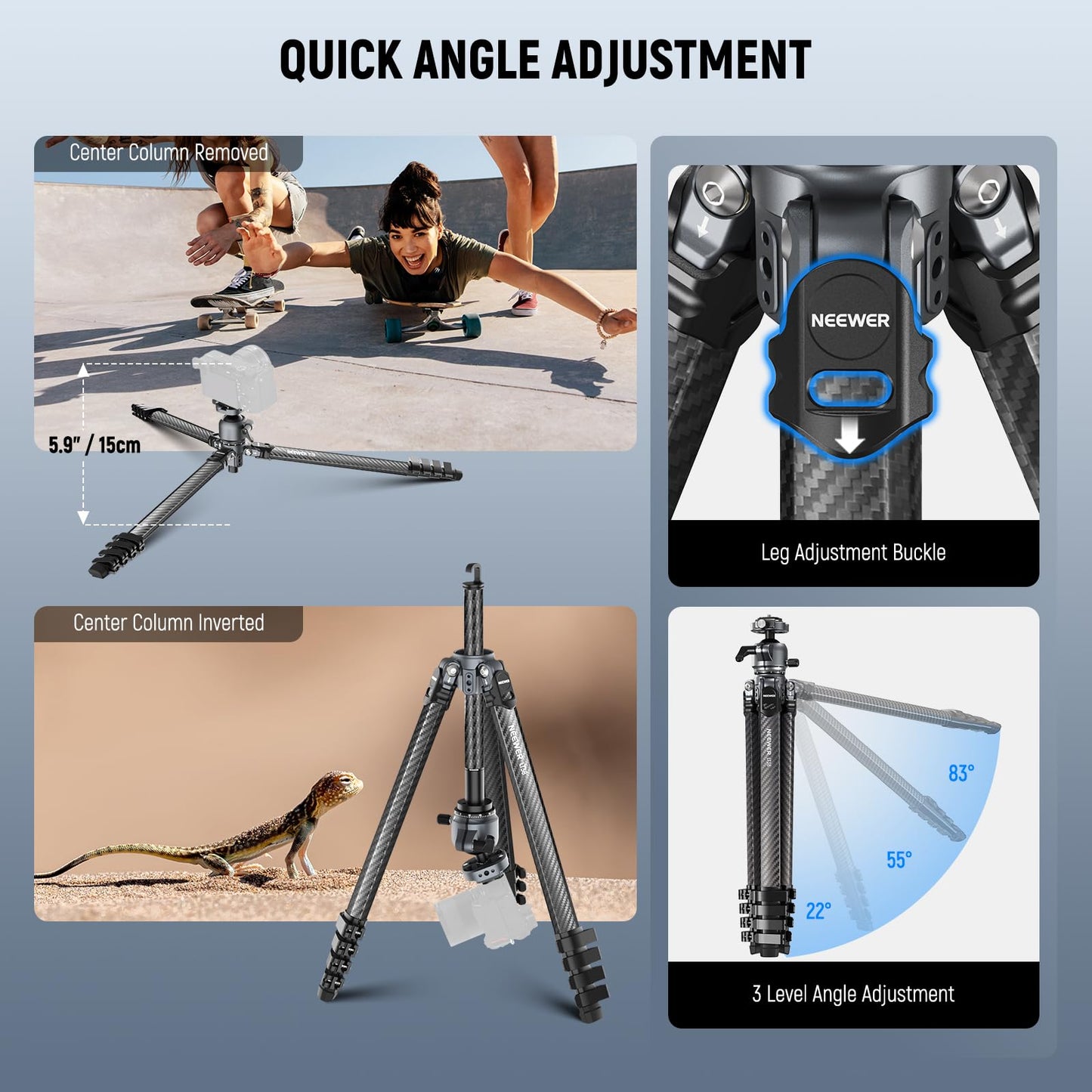 NEEWER LITETRIP LT38 61" Travel Tripod Carbon Fiber for Camera, 360° Pan Tilt Low Profile Ball Head, Flexible Center Axis, Arca QR Plate Compatible