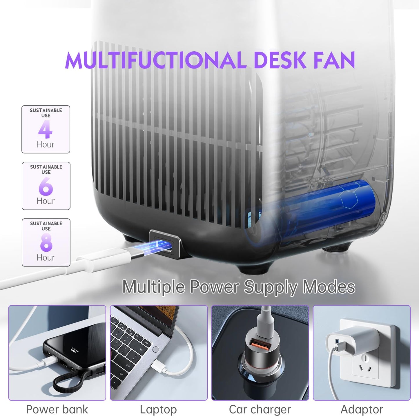 Misby Rechargeable Desk Fan, 5-color LED Light Bladeless Table Fan of 11.8 Inch, Purple Desk Fans Small Quiet for Bedroom, Home, Office