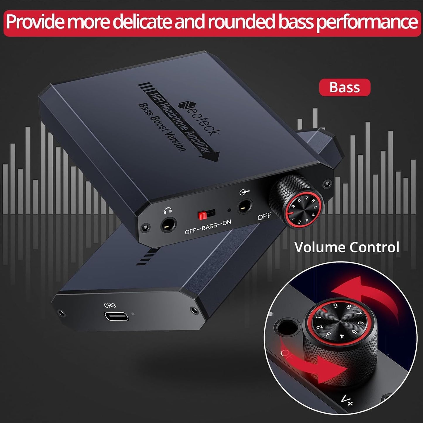 Neoteck 3.5mm Headphone Amp with Bass Boost Portable HiFi Headphone Amplifier, 16-300 Ohm, Aluminum Matte Surface for Mac, Phones, iPad, MP3, MP4