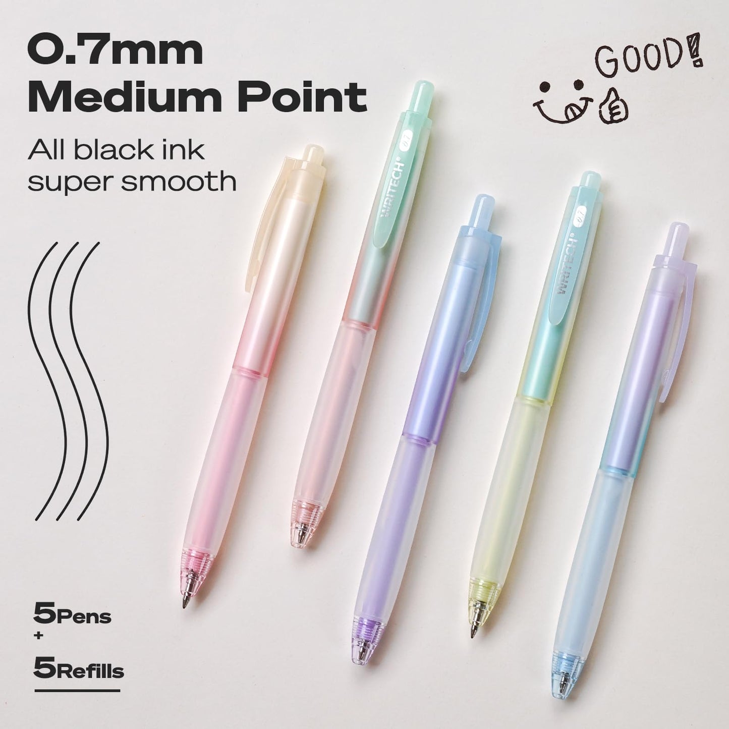 WRITECH Retractable Gel Ink Pens: 0.5mm Black-Ink Aesthetic Gradient Color Barrel Soft Grip Fine Point Pen 8ct for Journaling Note Taking Sketching No