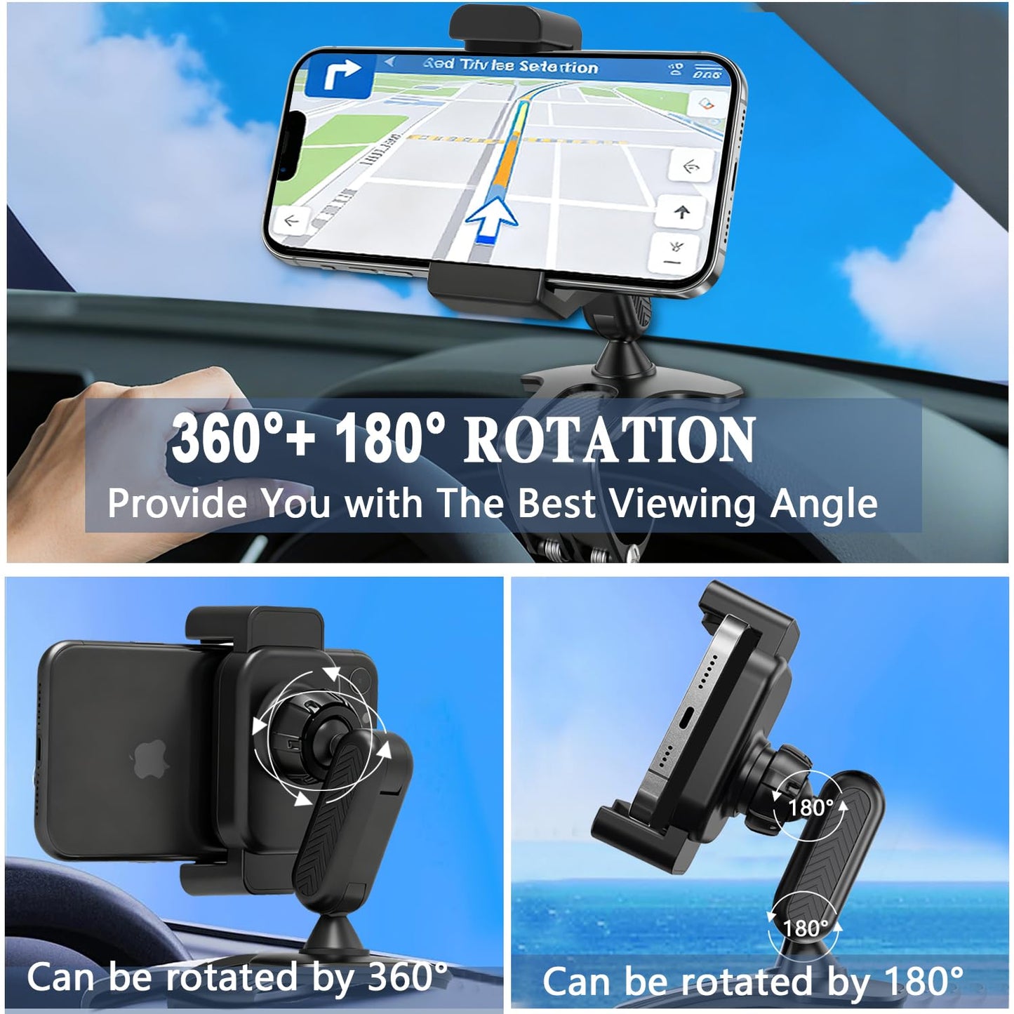 Jawhalt Universal 360 Dashboard Phone Holder, Easily Adjustable No-harm Clip Design Phone Mount for Car Compatible with All 4-7 Inch Smartphones