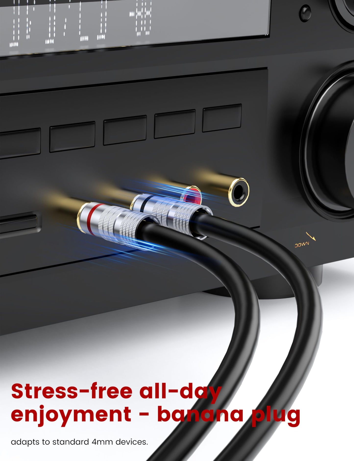 MOSWAG Banana Plugs for Speaker Wire (4 Pairs/8 pcs), Brass Speaker Connectors with Dual Set Screws, Black and Red Shell Banana Plugs for Home