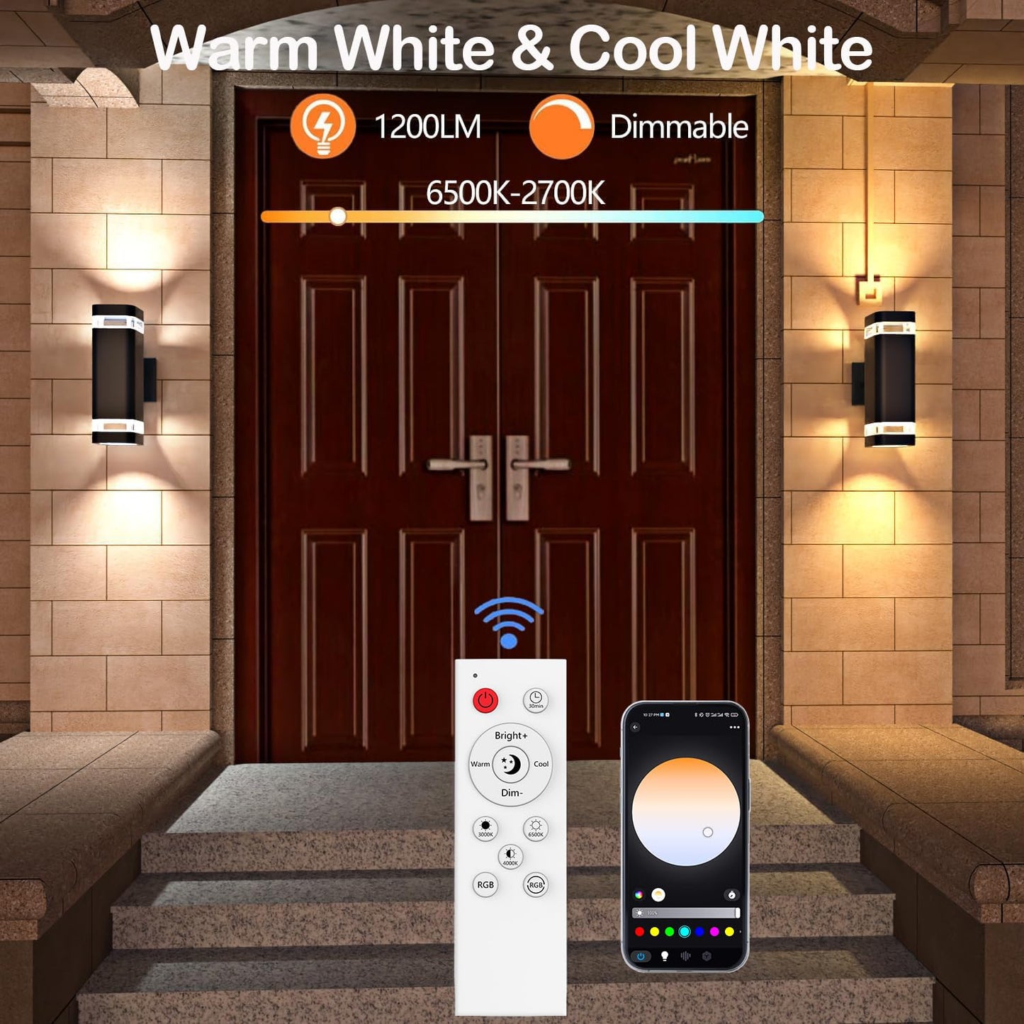 wowlite Smart Up and Down Lights Outdoor 2 Pack, RGBCW Exterior Lighting Fixtures WiFi App Control 2700K-6500K Ambience Wall Sconce Light Color