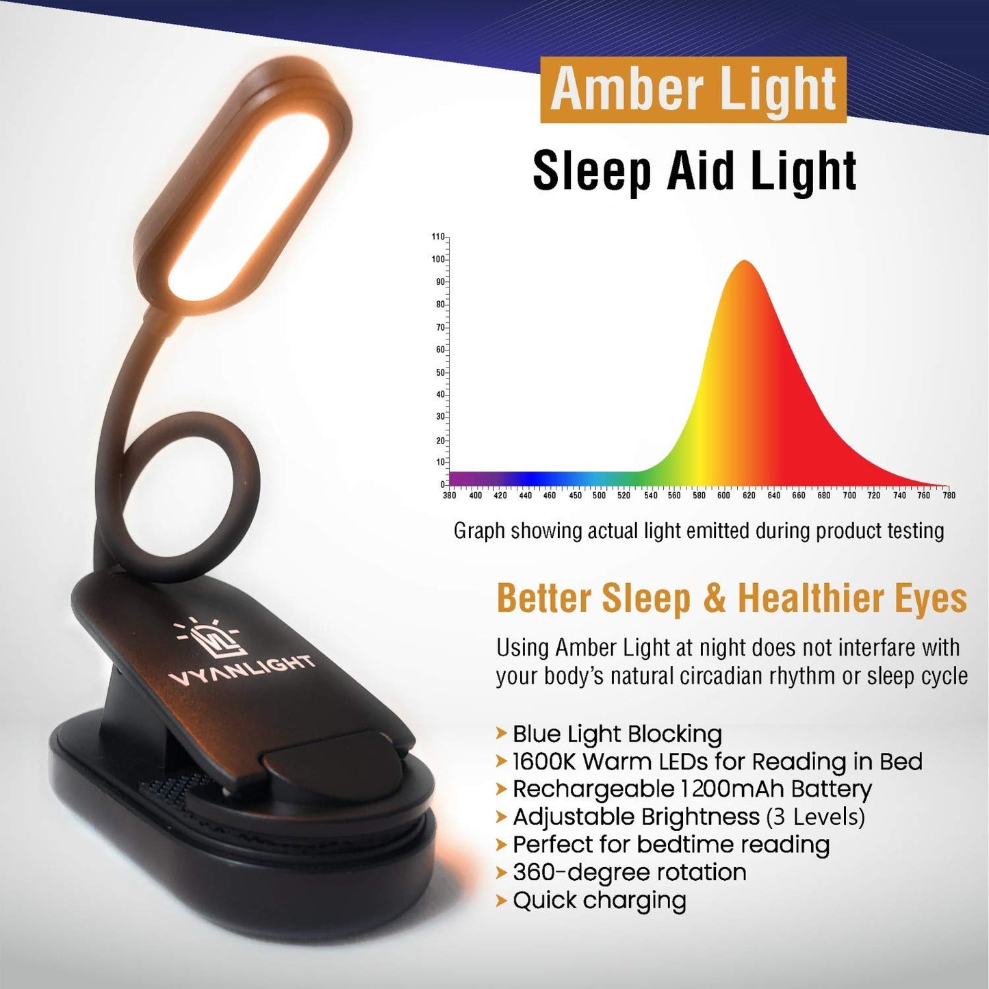 VYANLIGHT Book Light for Reading in Bed, Amber Color Reading Lamp with 360° Rotating Gooseneck, Rechargeable and Dimmable Warm Glow LED Clip-on Light