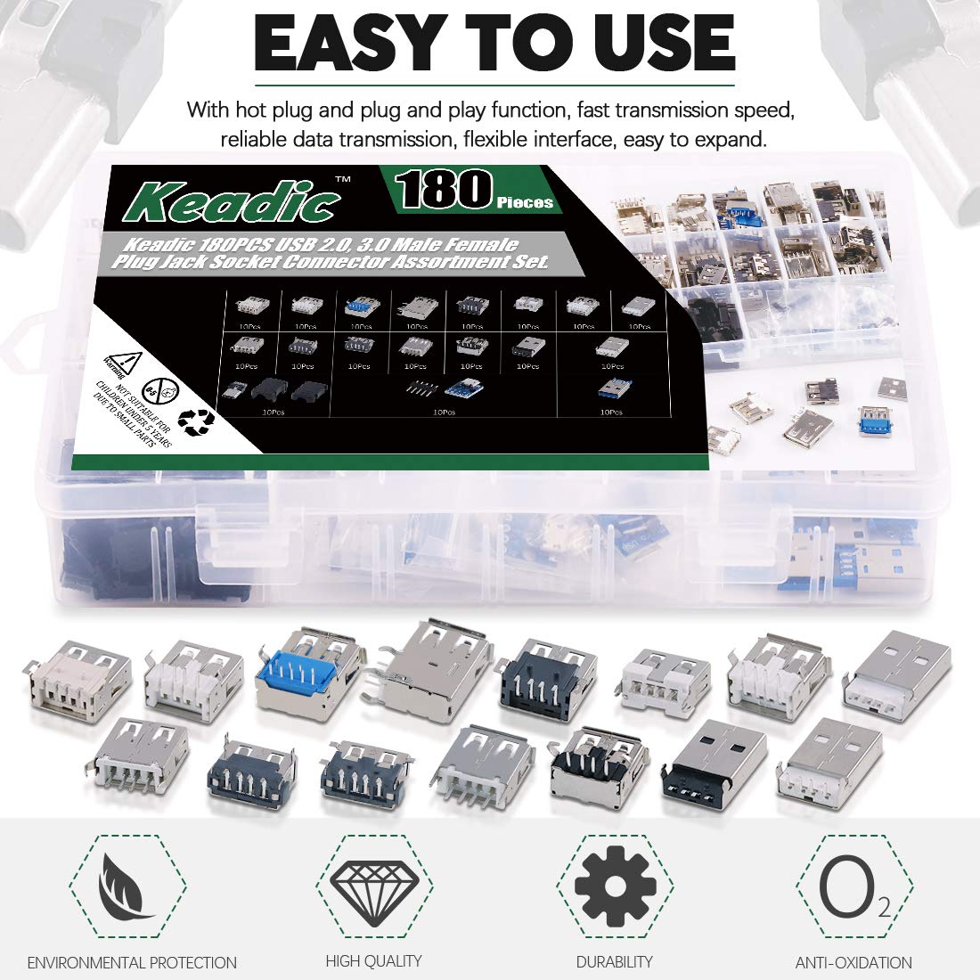 Keadic 180PCS Micro USB & USB 3.0 Male Female Jack Socket Connector Set: 150 Ports, 18 Different Sizes, Laptop, PC, Tablet & More