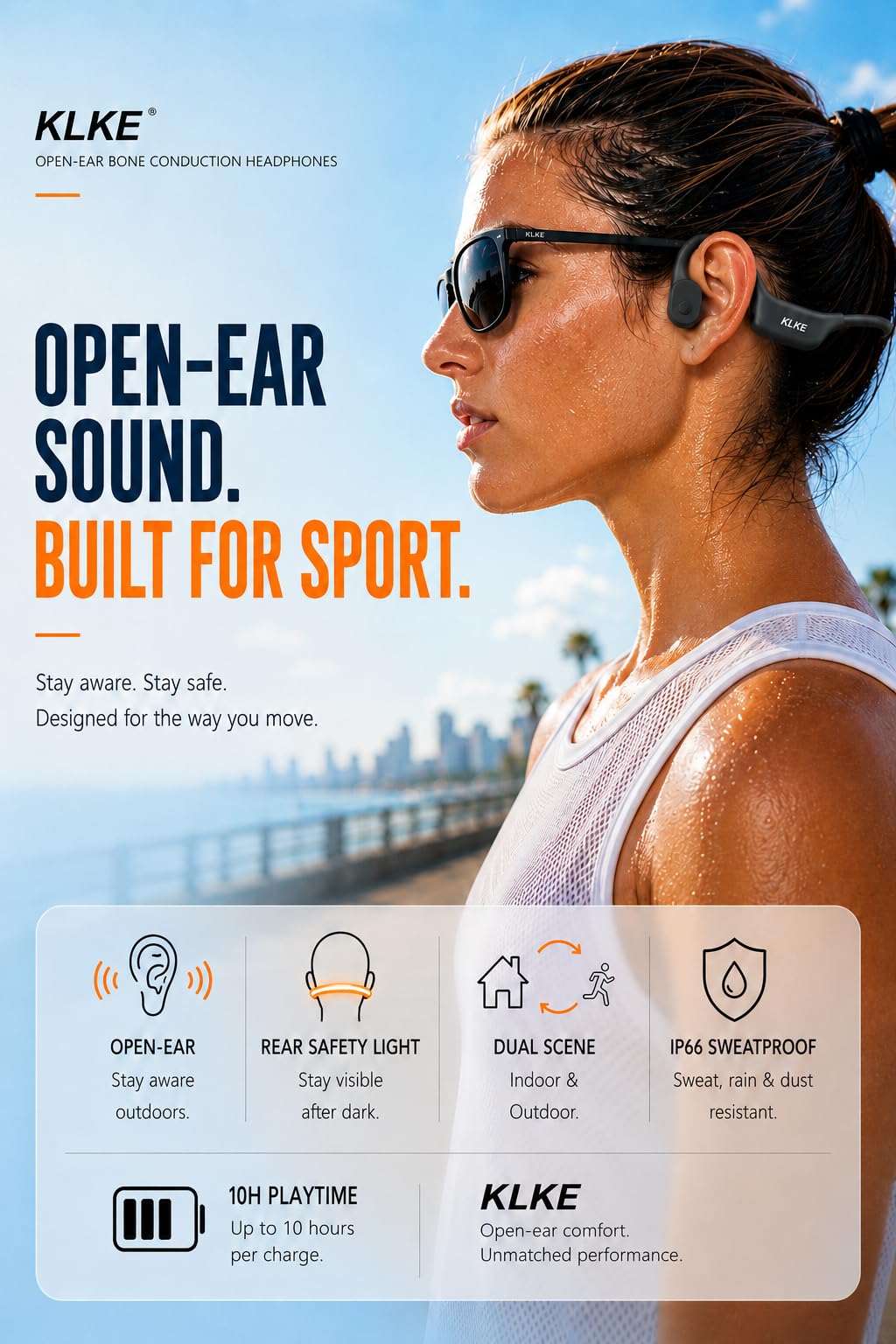 KLKE Open-Ear Bone Conduction Headphones, IP66 Waterproof, Integrated Transducer Running Headphones with Dual Mode, Rear Safety Light, 10H