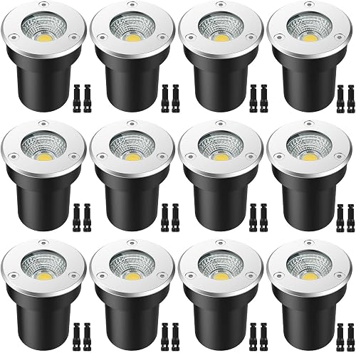 LEDVIE LED Landscape Lights, 12 Pack 7W Ground Lights With 24 Connectors, Low Voltage In-Ground Well Pathway Lighting, Daylight White, Waterproof